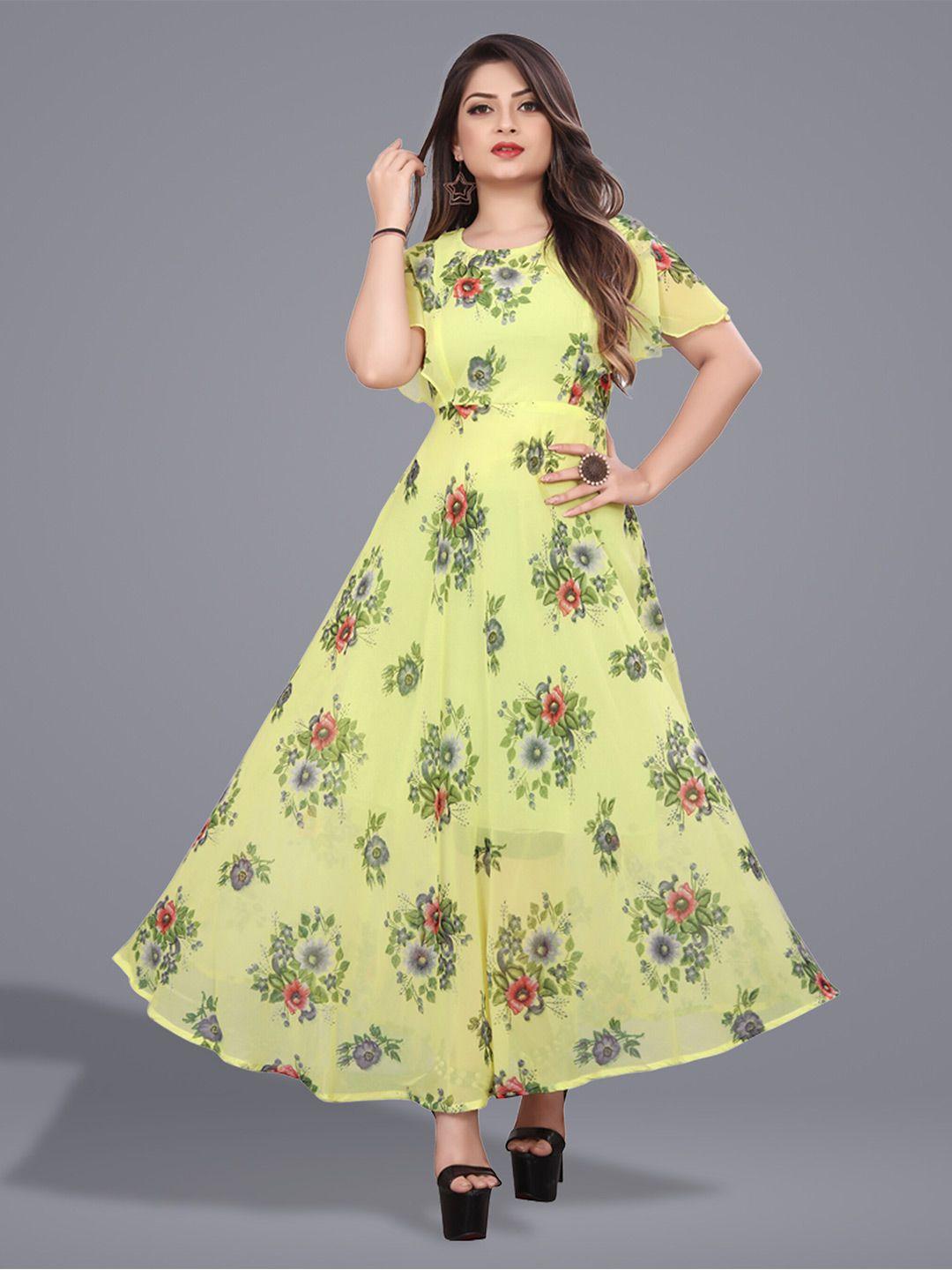 n n enterprise yellow floral print flared sleeve georgette fit & flare maxi dress