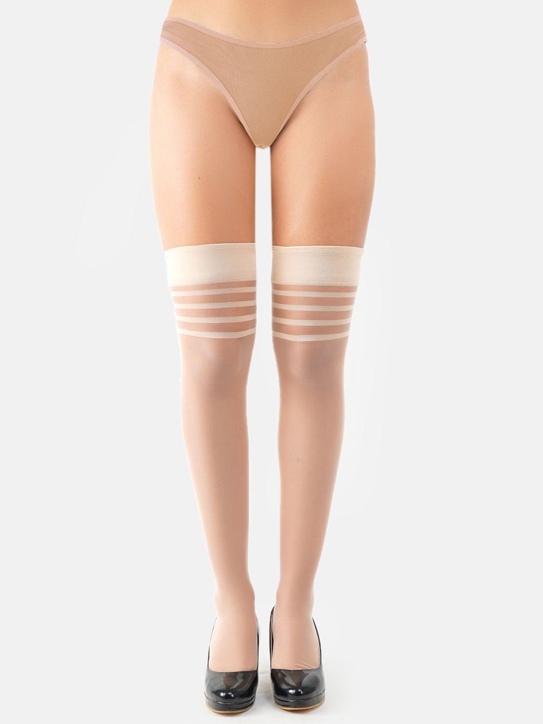 n2s next2skin women beige striped thigh-high stockings