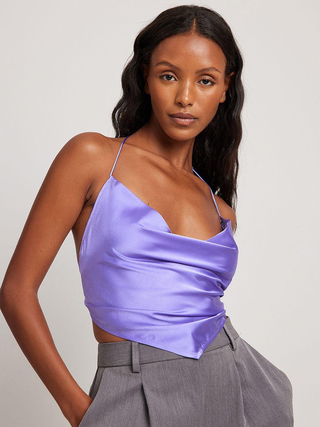 na-kd cowl neck with tie up closure satin finish crop top