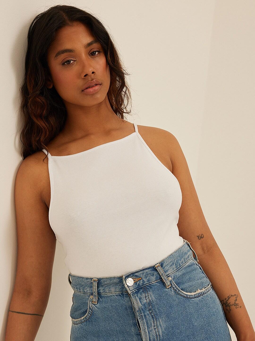 na-kd white ribbed cotton top