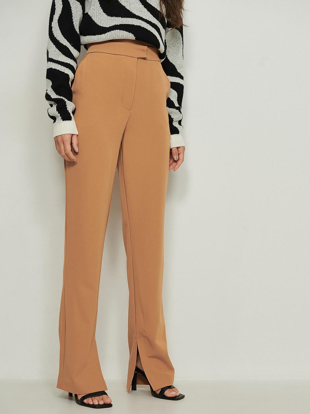 na-kd women camel brown side slit straight fit high-rise trousers