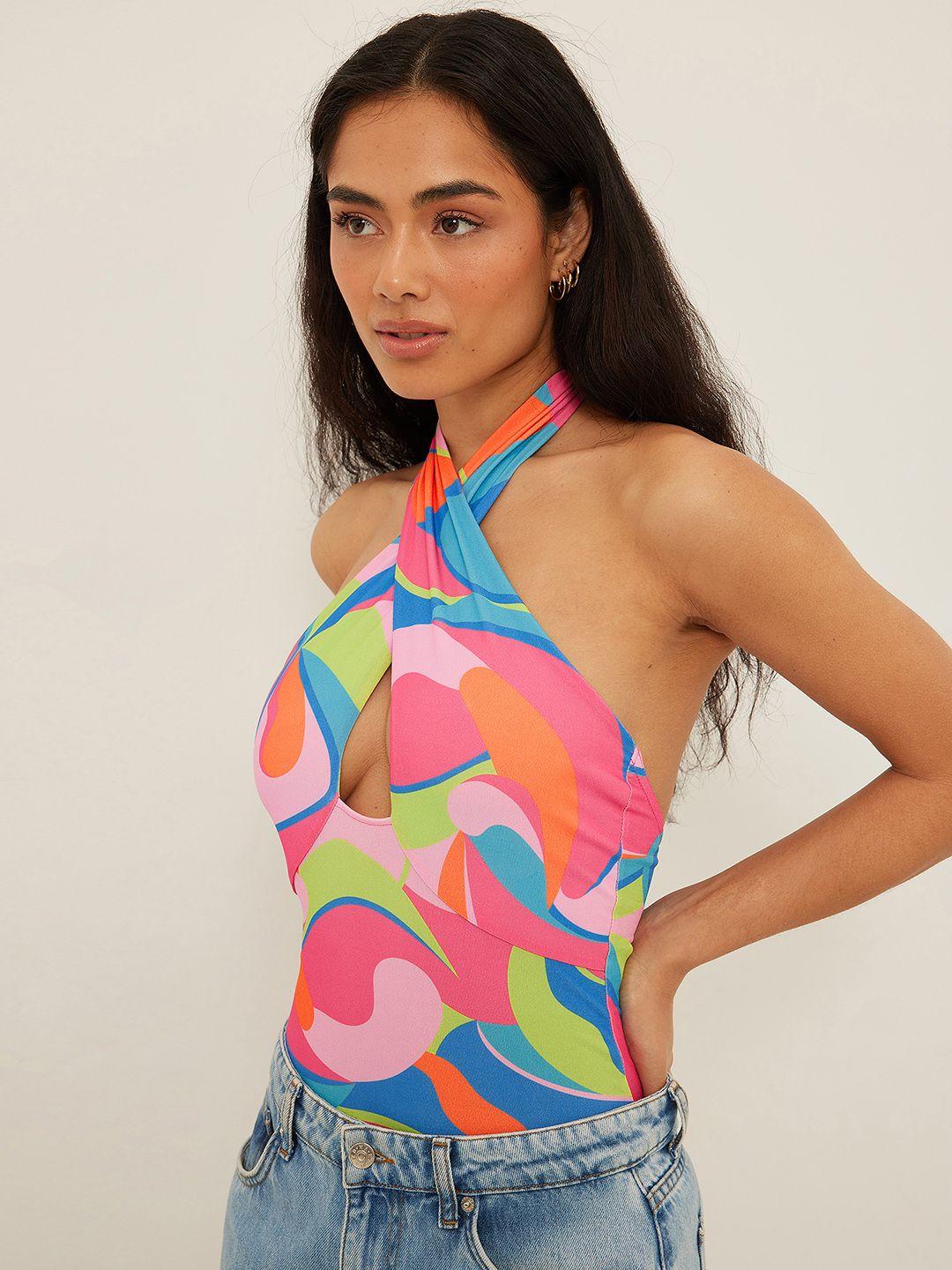 na-kd women pink & blue printed cut-out detail bodysuit