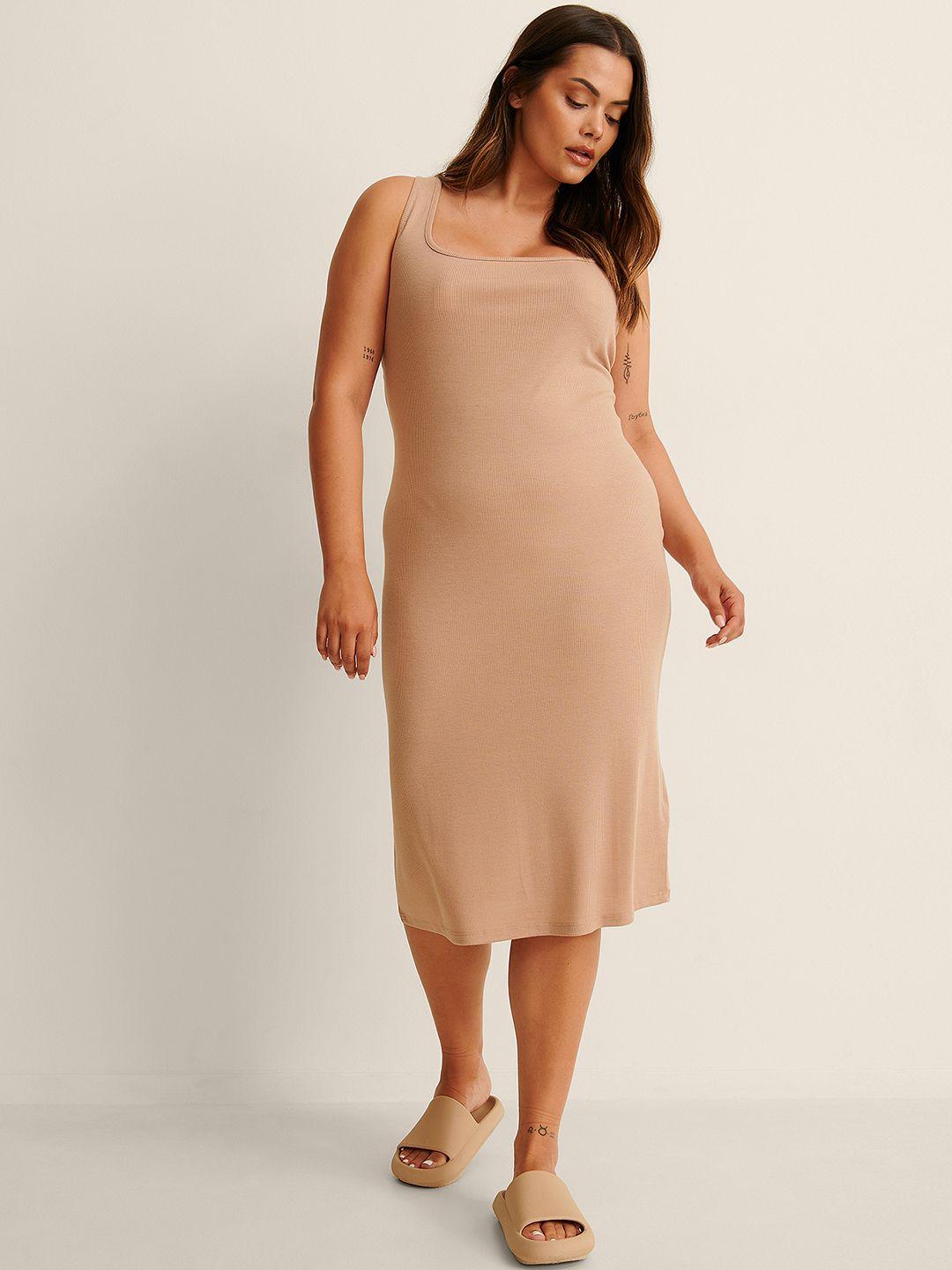 na-kd beige bodycon midi dress