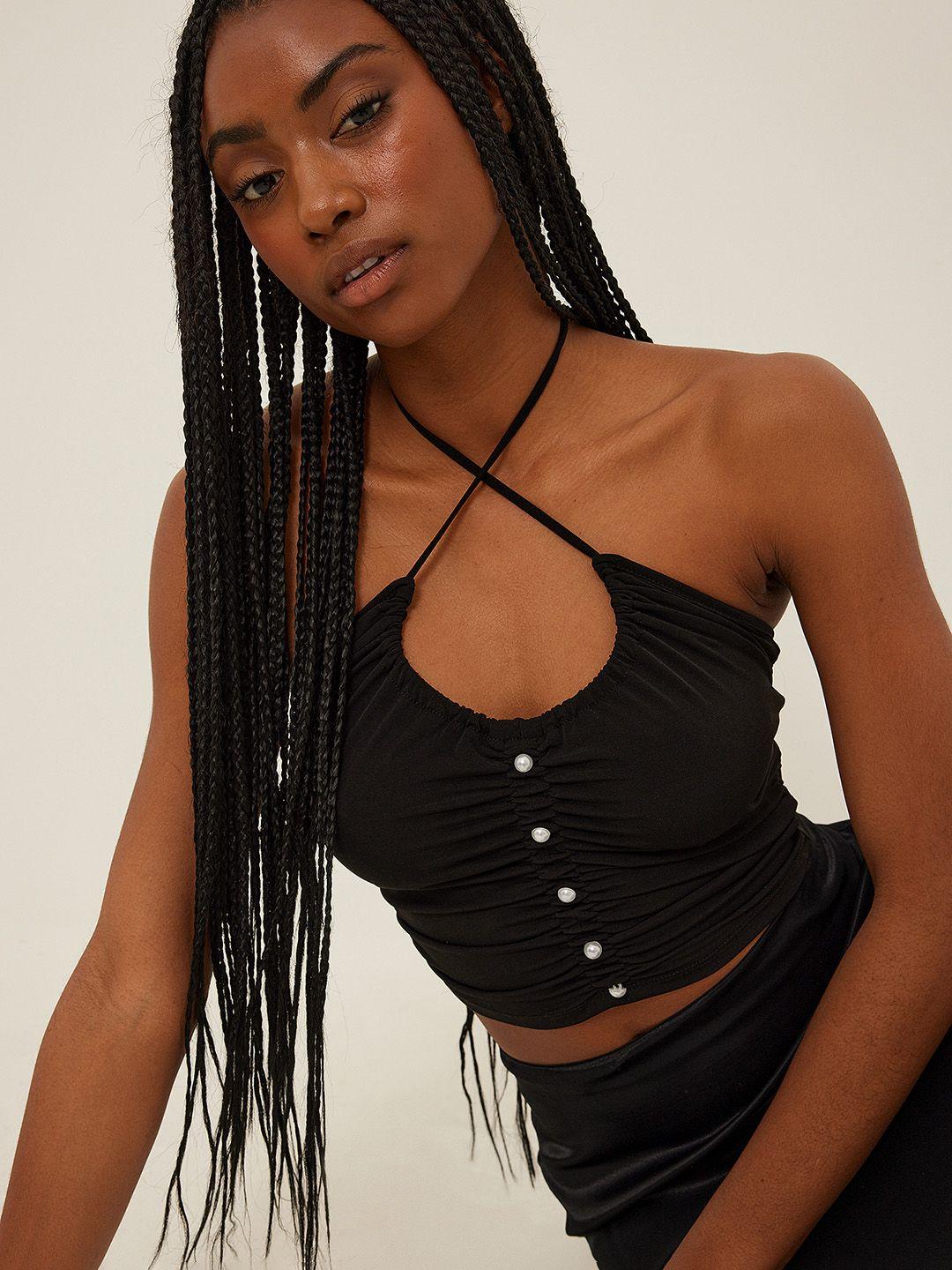 na-kd black halter neck faux pearl studded crop top