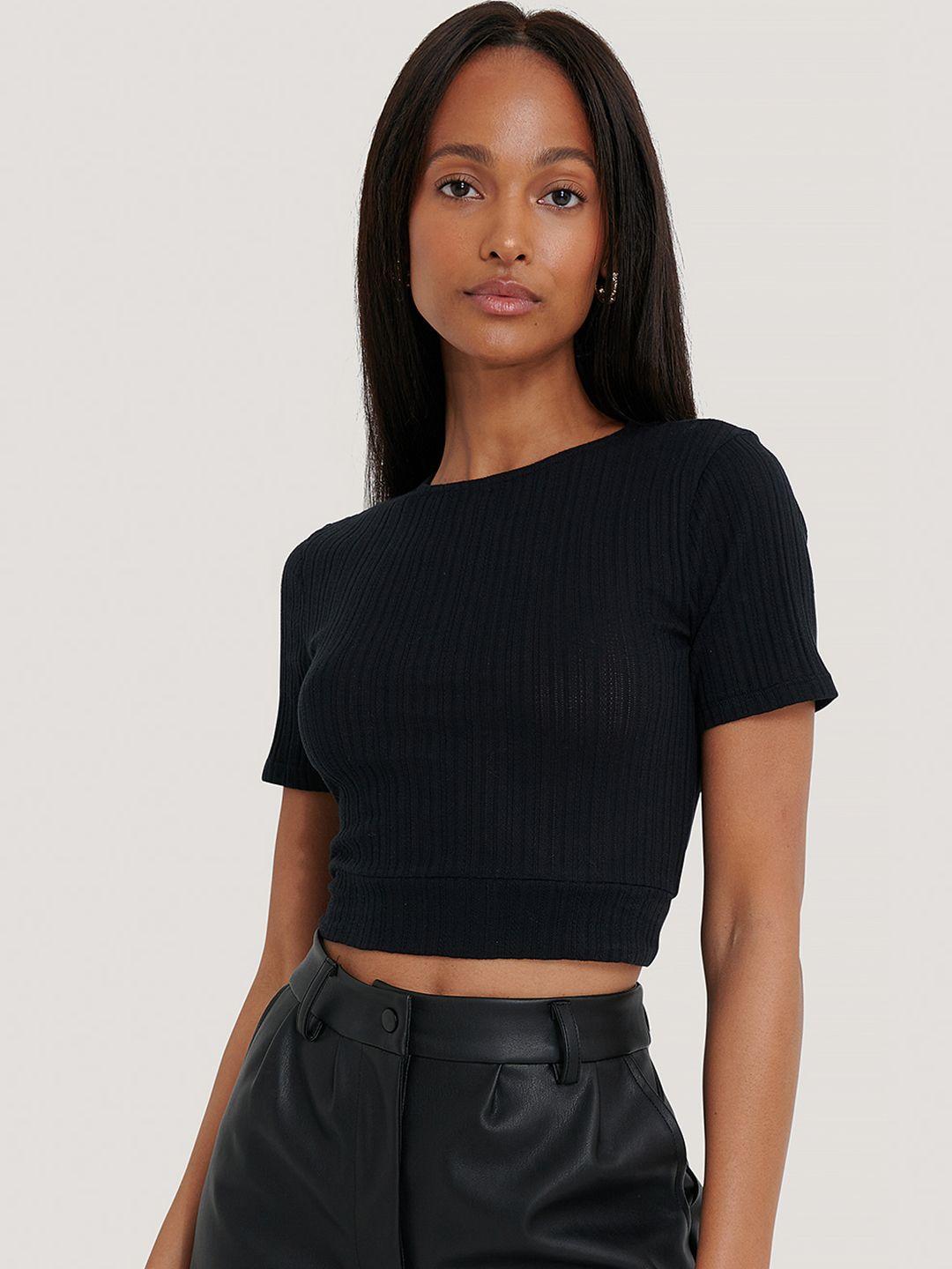 na-kd black pure cotton striped styled back top