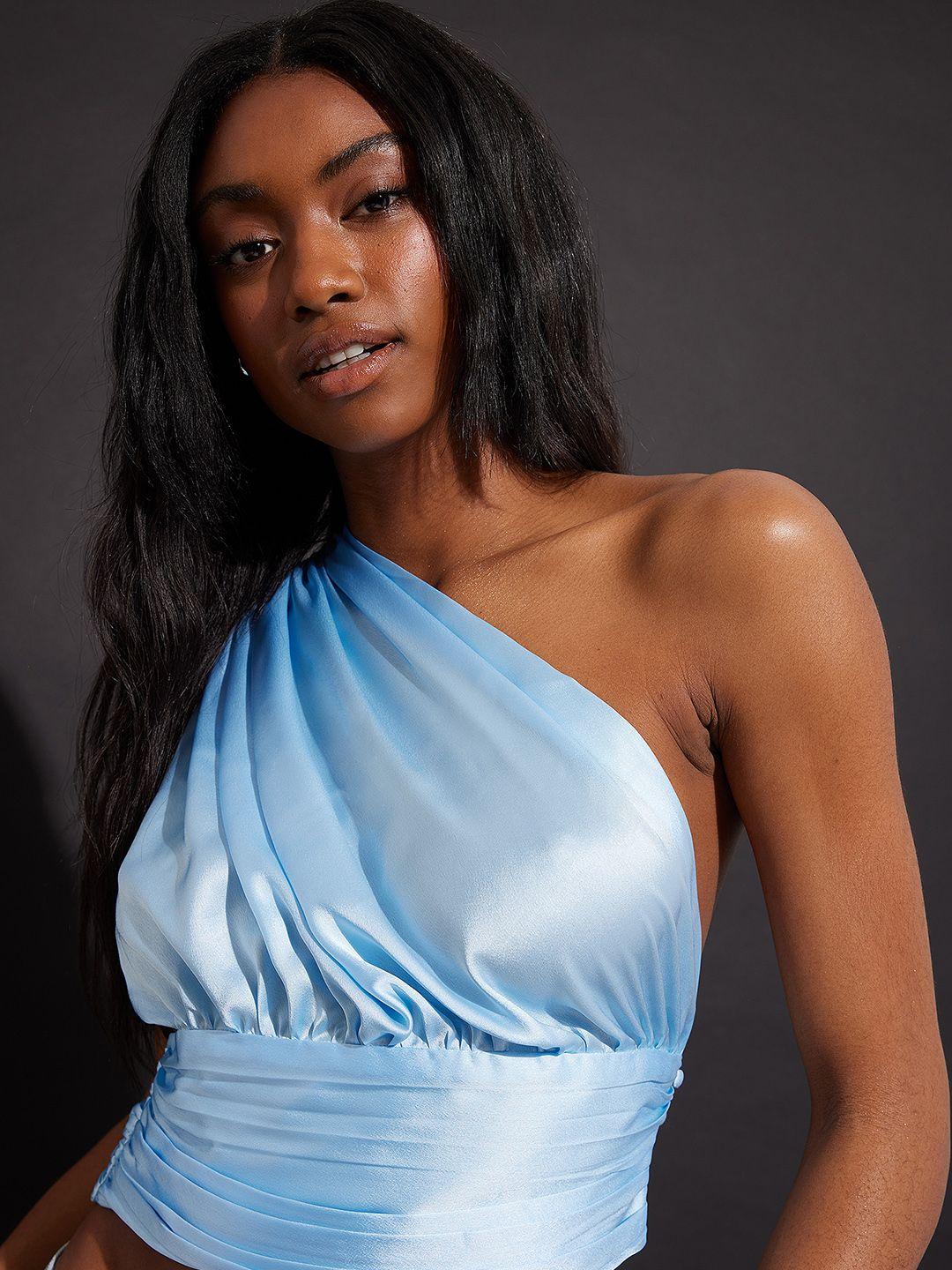 na-kd blue solid satin one shoulder sustainable crop top