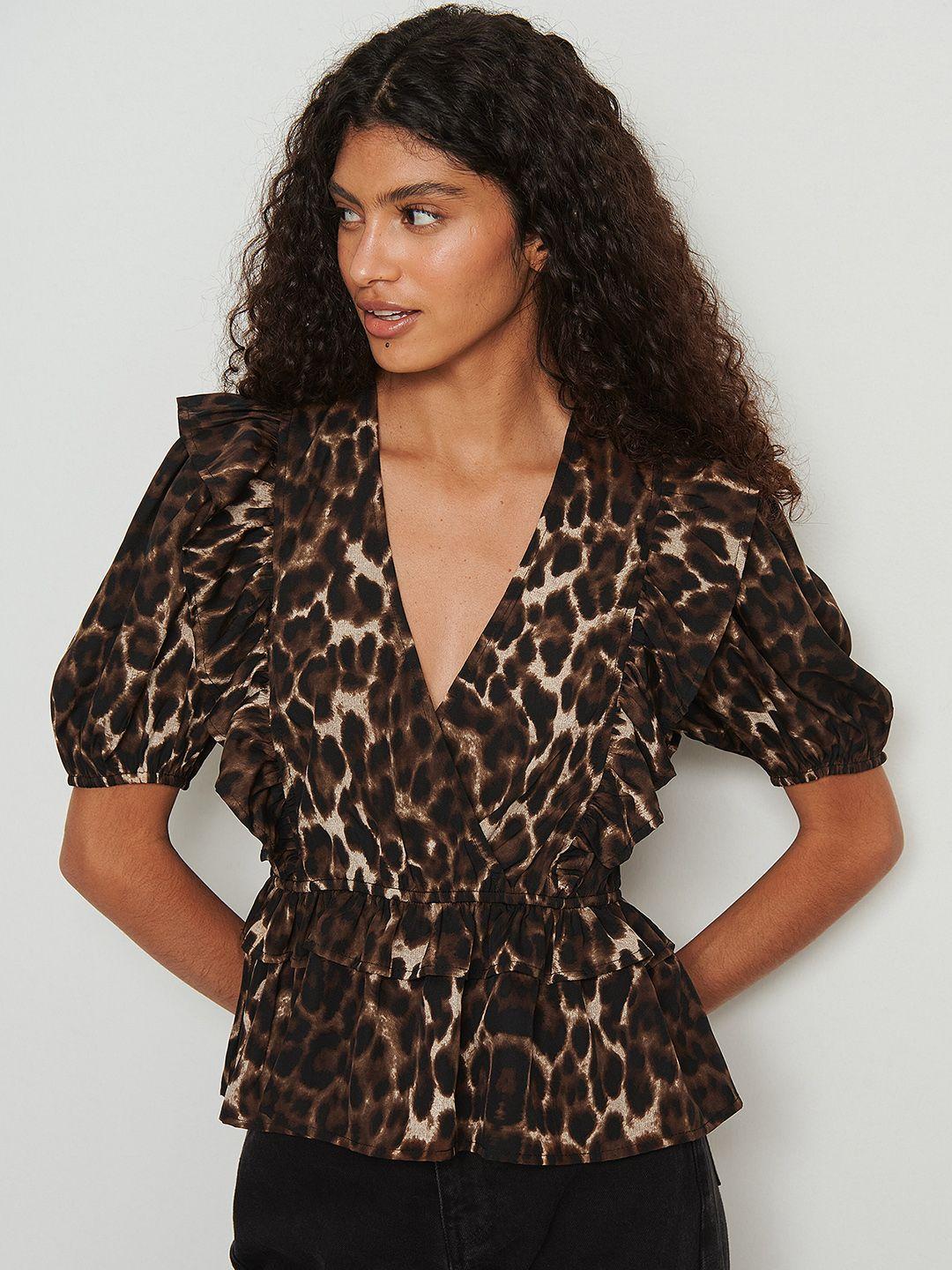 na-kd brown & black animal print wrap top