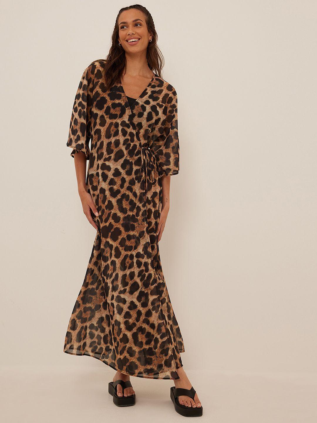 na-kd brown & black leopard print maxi wrap dress