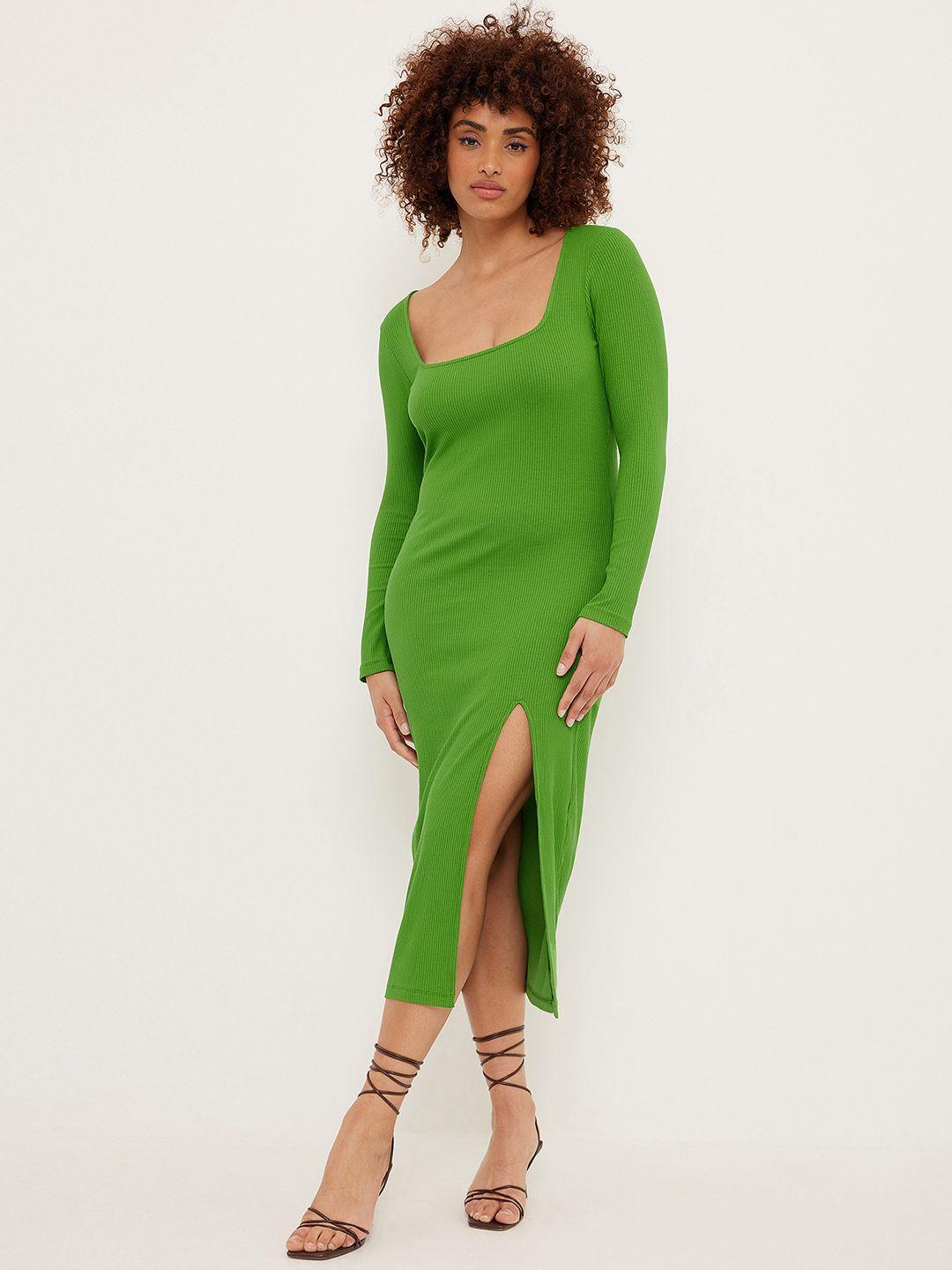 na-kd green ribbed bodycon midi dress with side slit