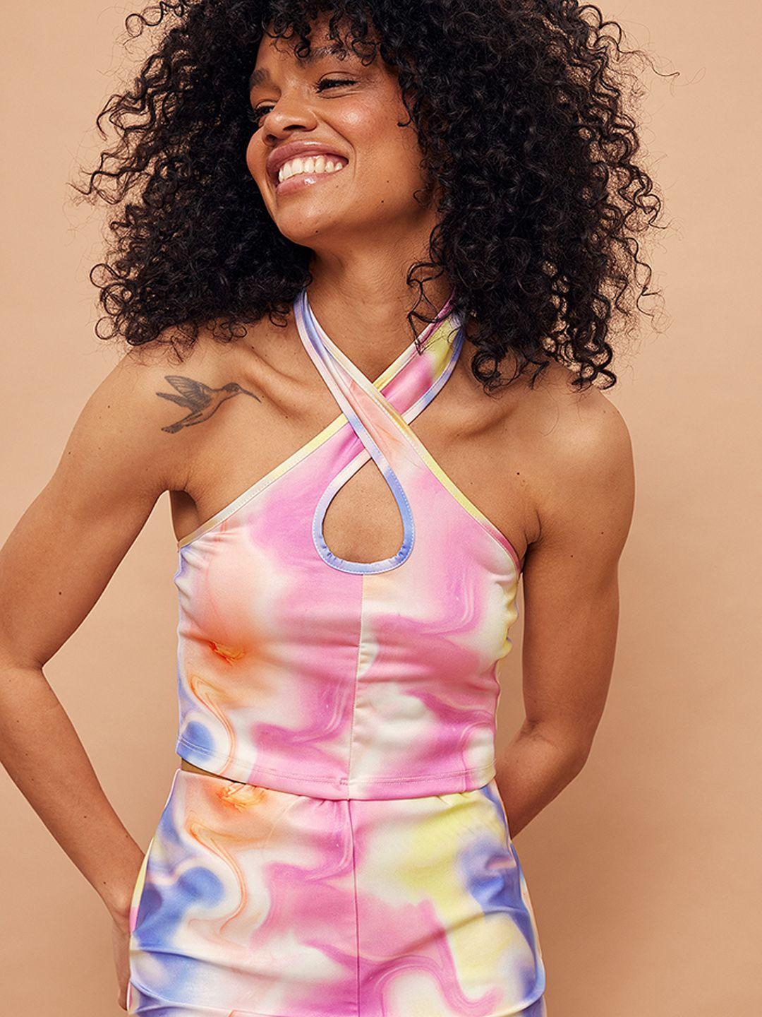 na-kd pink & yellow printed halter neck top