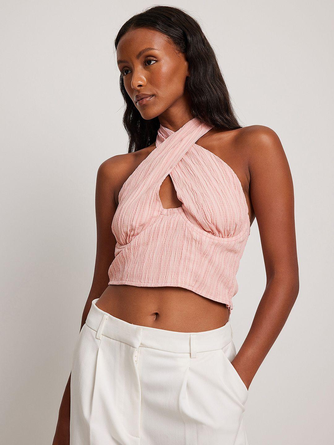 na-kd pink textured halter neck styled back crop top