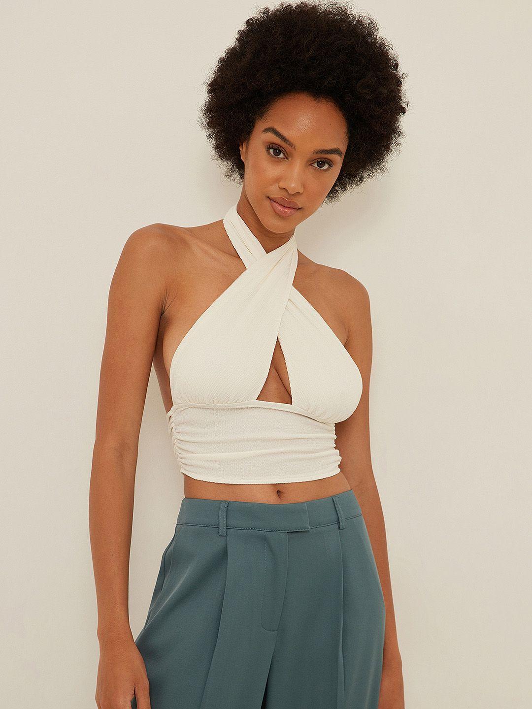 na-kd pleated satin halter neck crop top