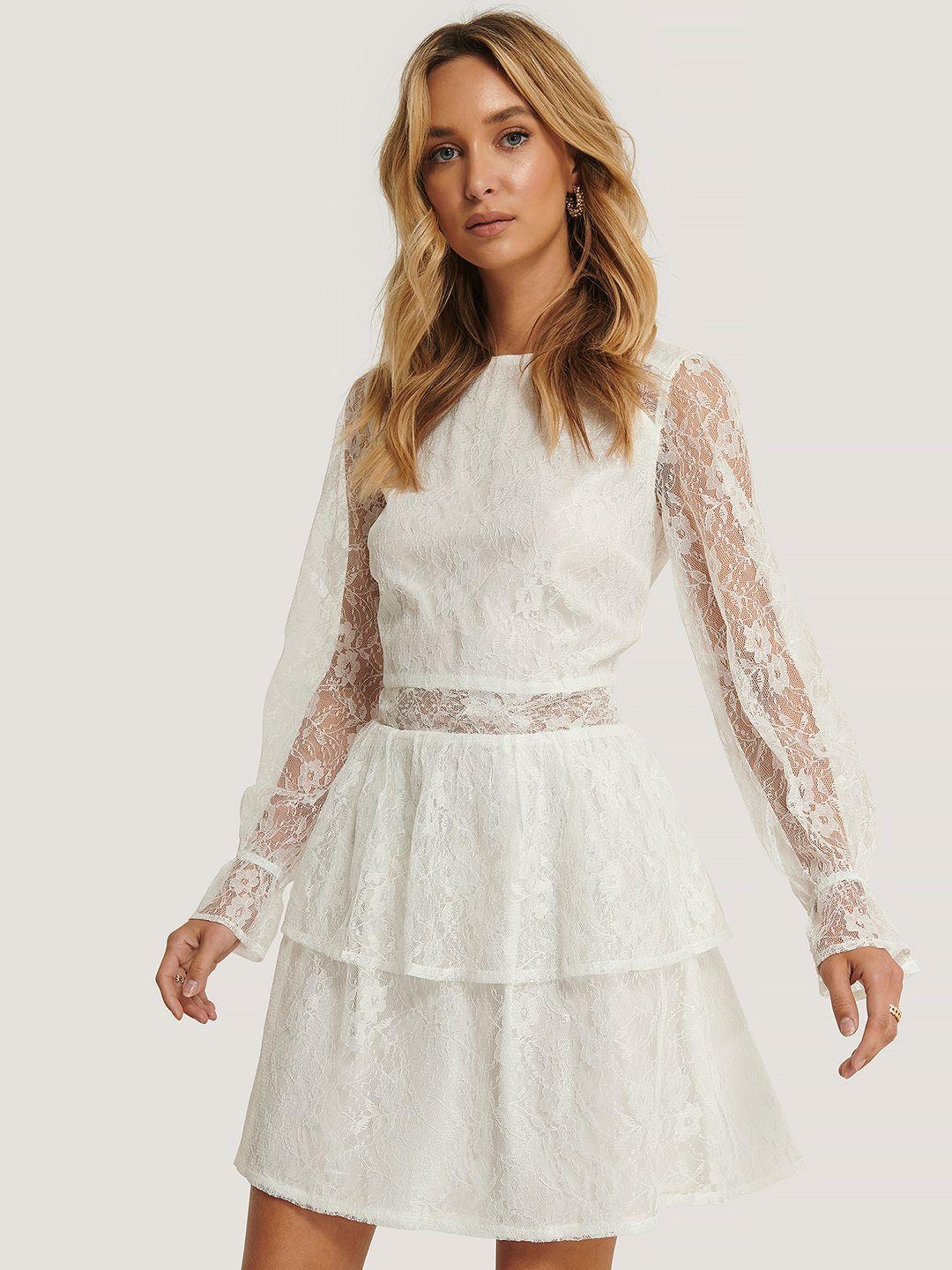 na-kd white floral lace layered mini dress