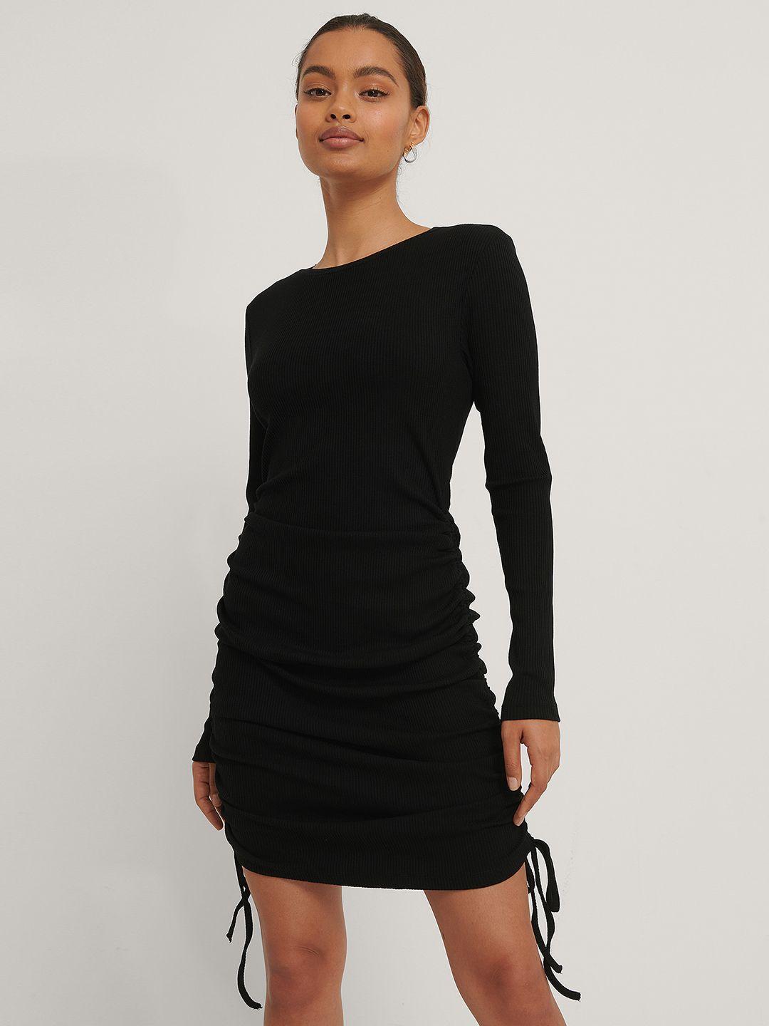 na-kd women black solid ribbed ruched bodycon dress