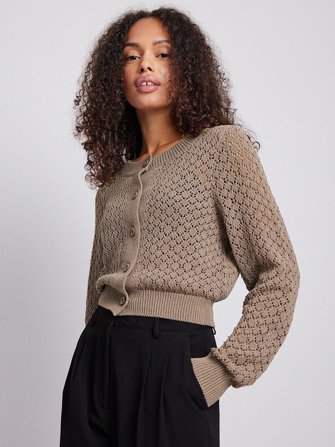 na-kd women taupe open knit cardigan