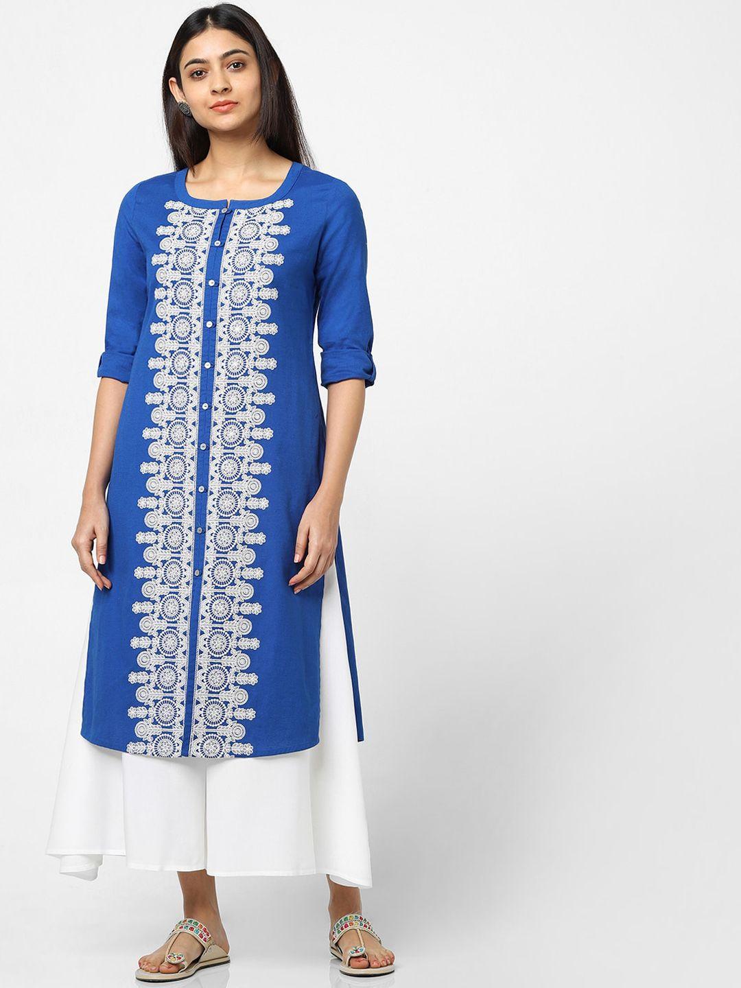 naari women blue embroidered thread work kurta