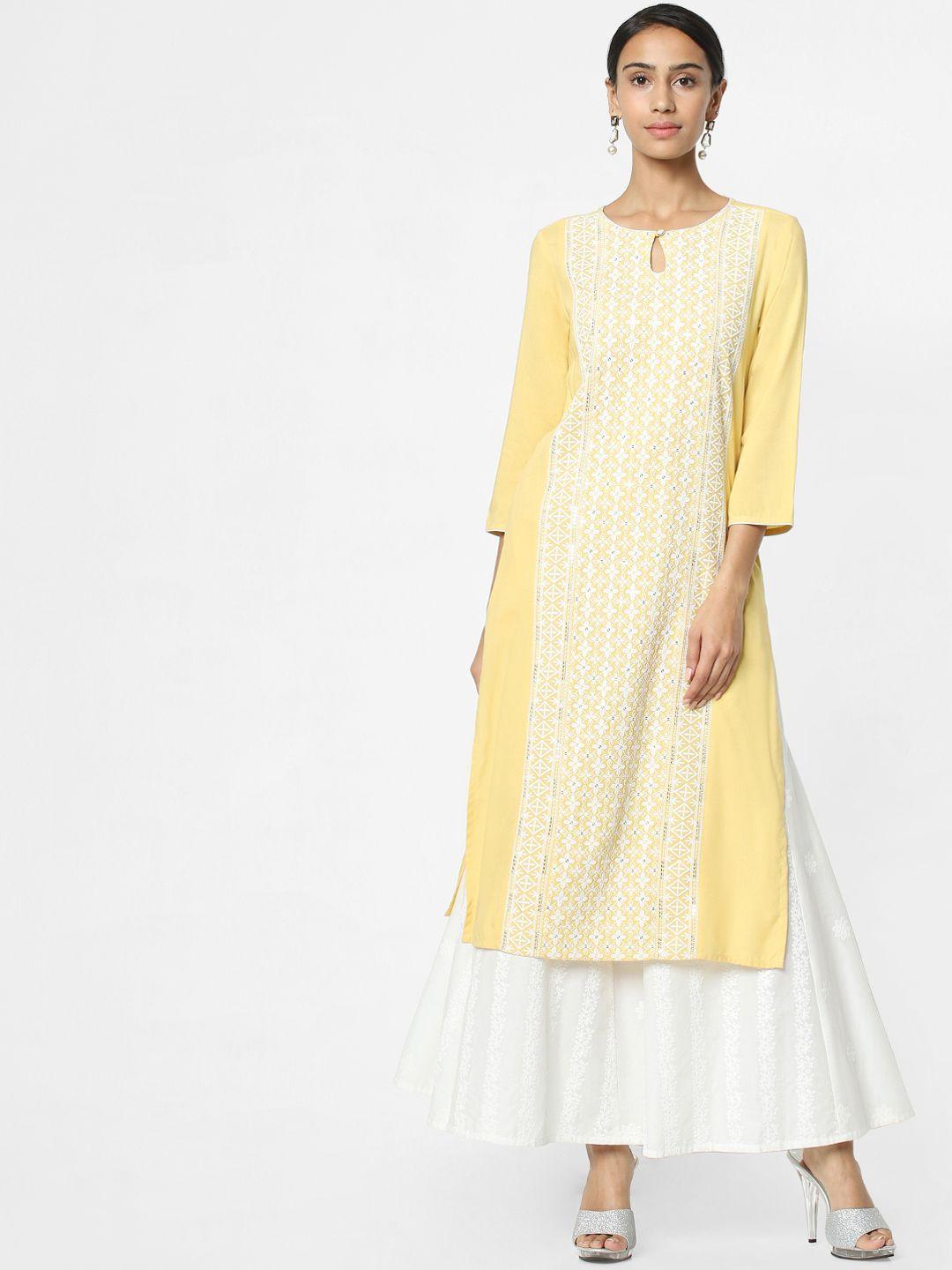 naari women yellow & white embroidered a-line kurta