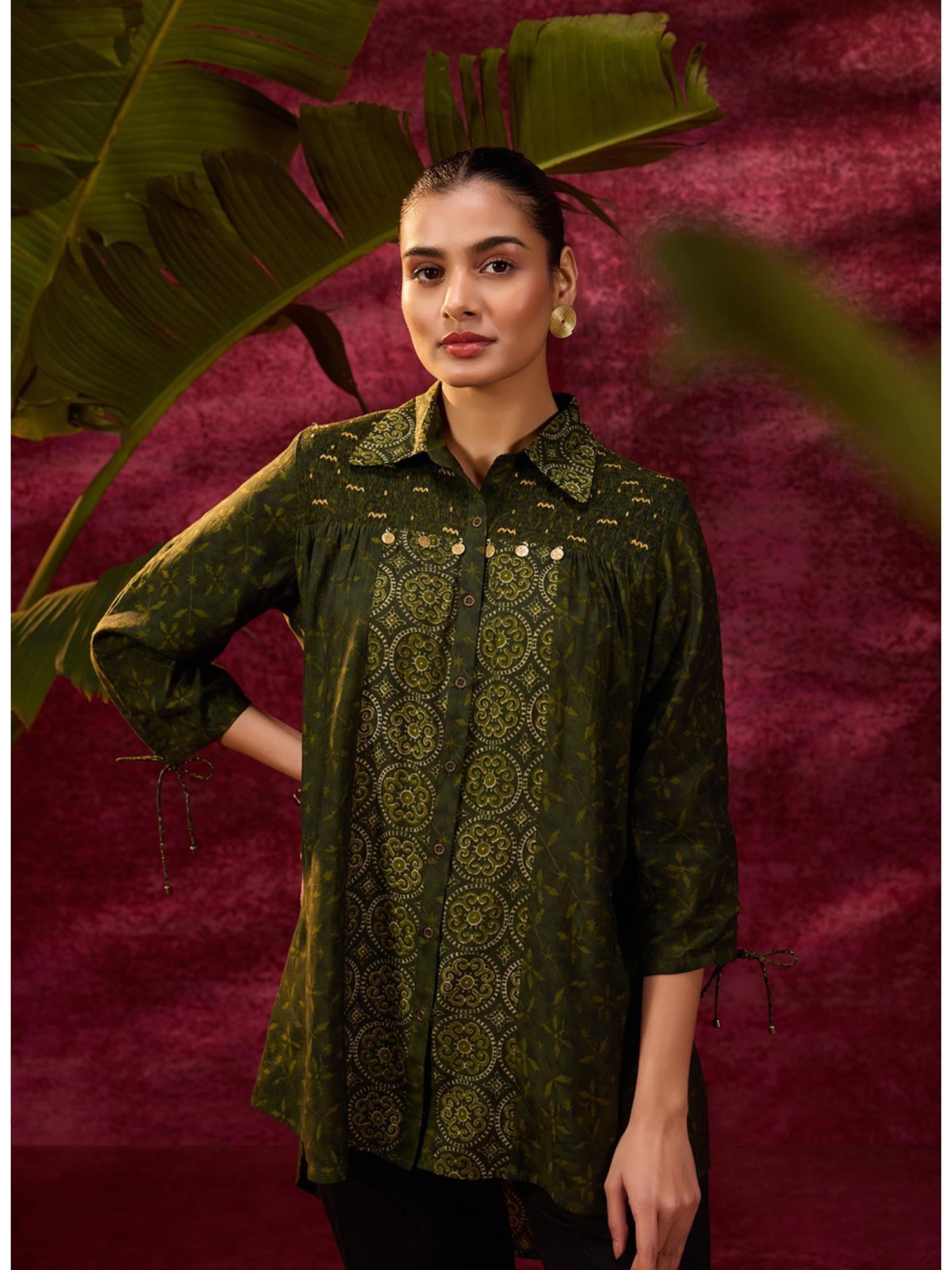 naaz bottle green printed chanderi long shirt