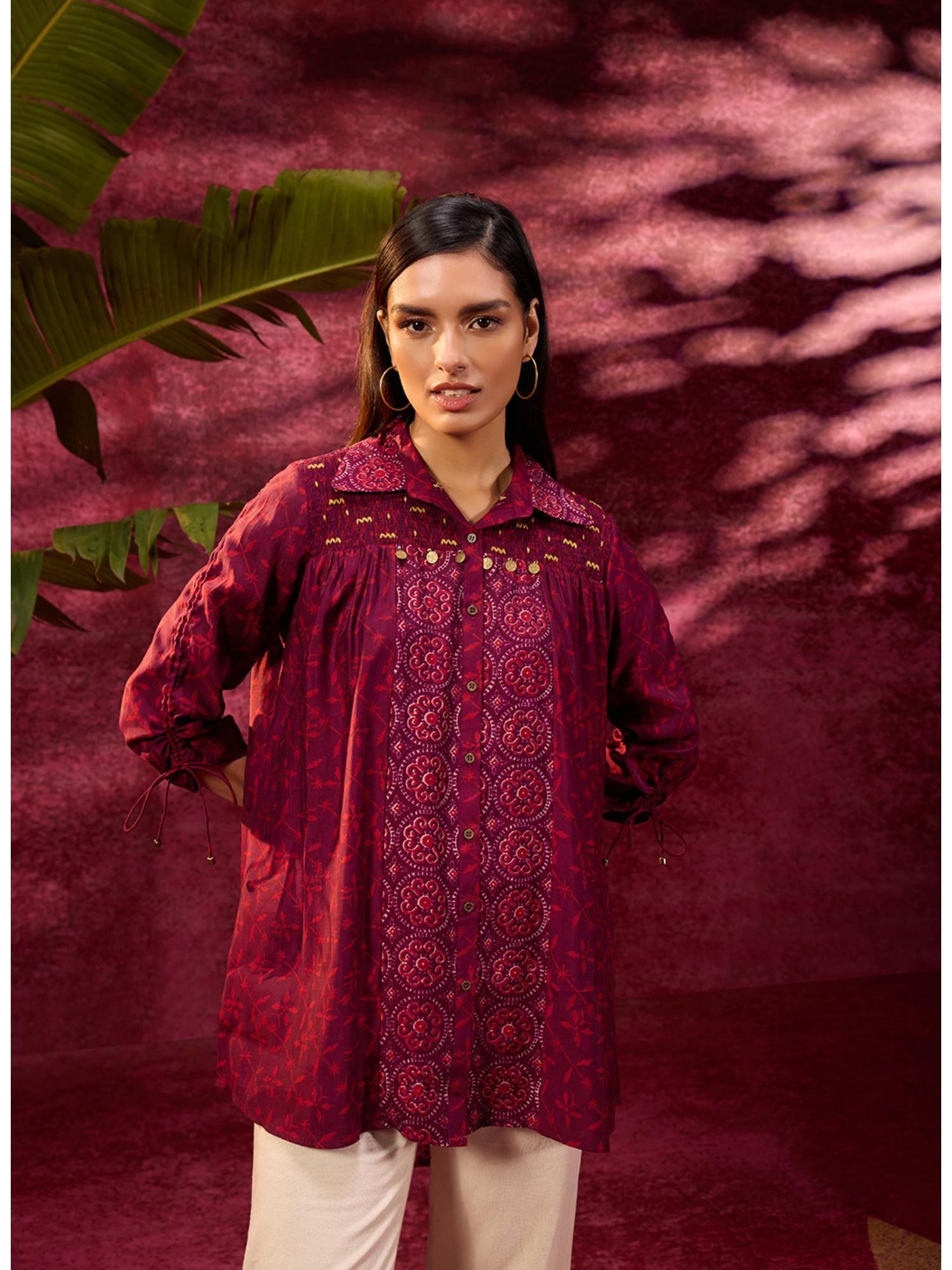 naaz burgundy printed chanderi long shirt