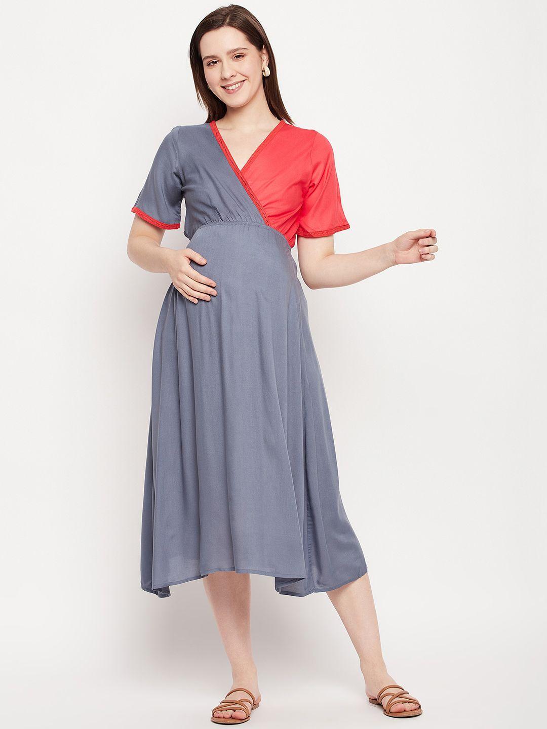 nabia grey & red colourblocked v-neck maternity wrap dress