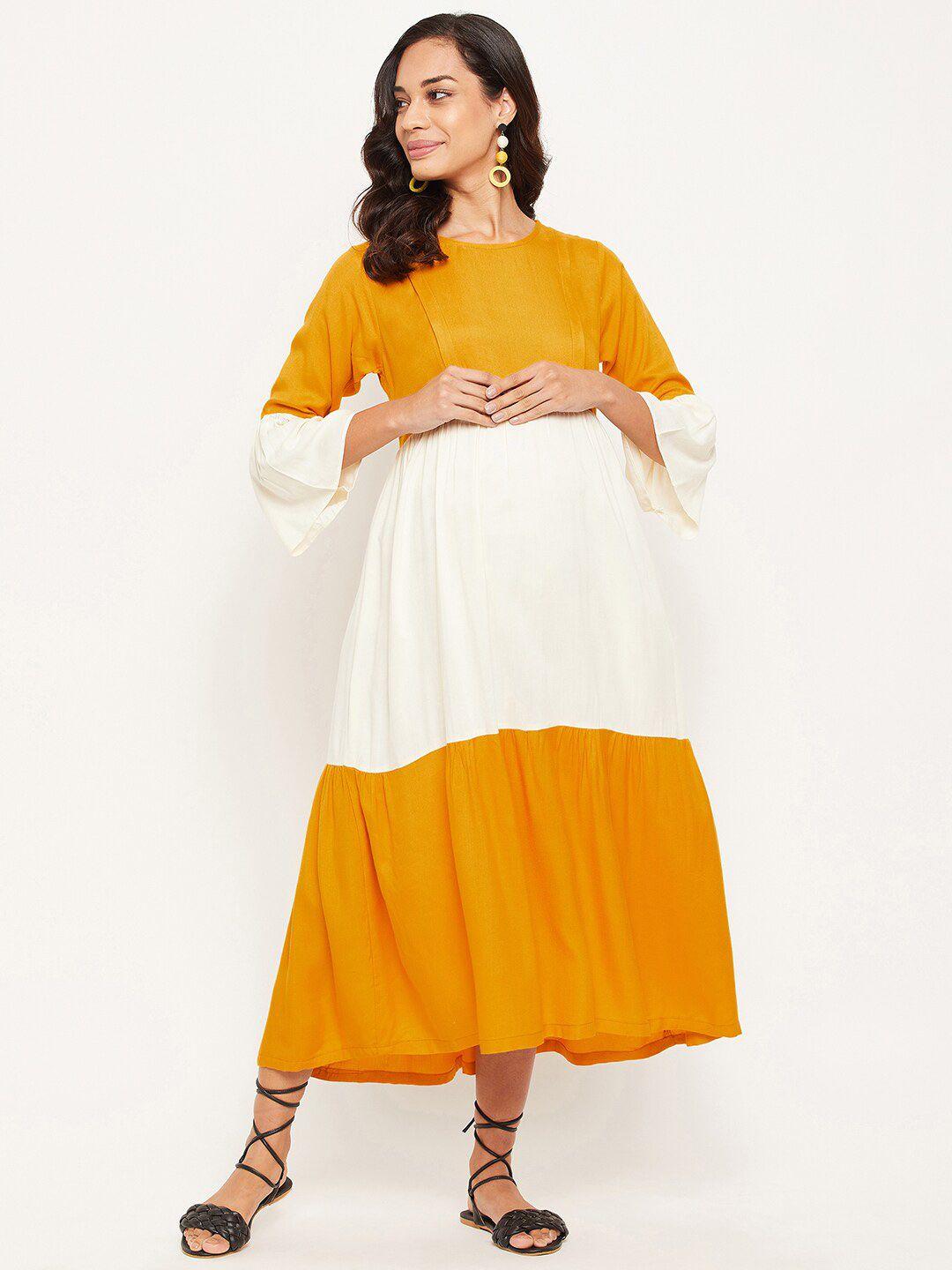 nabia maternity women yellow & white colourblocked midi dress