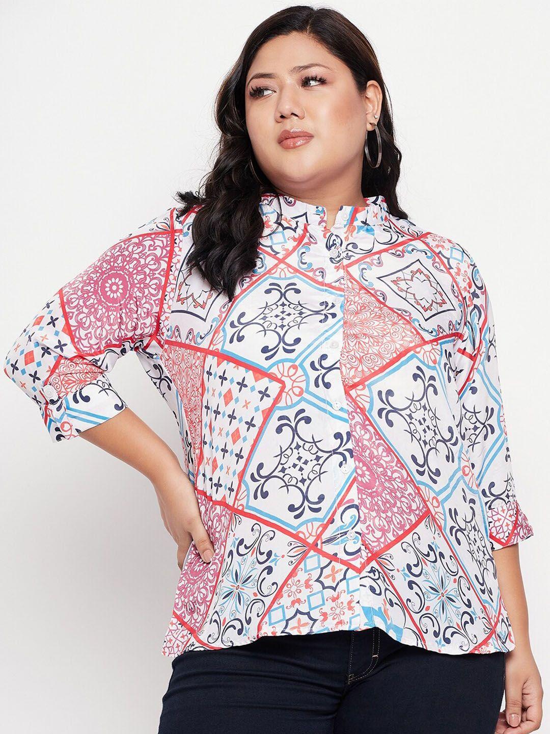 nabia plus size ethnic printed mandarin collar satin shirt style top