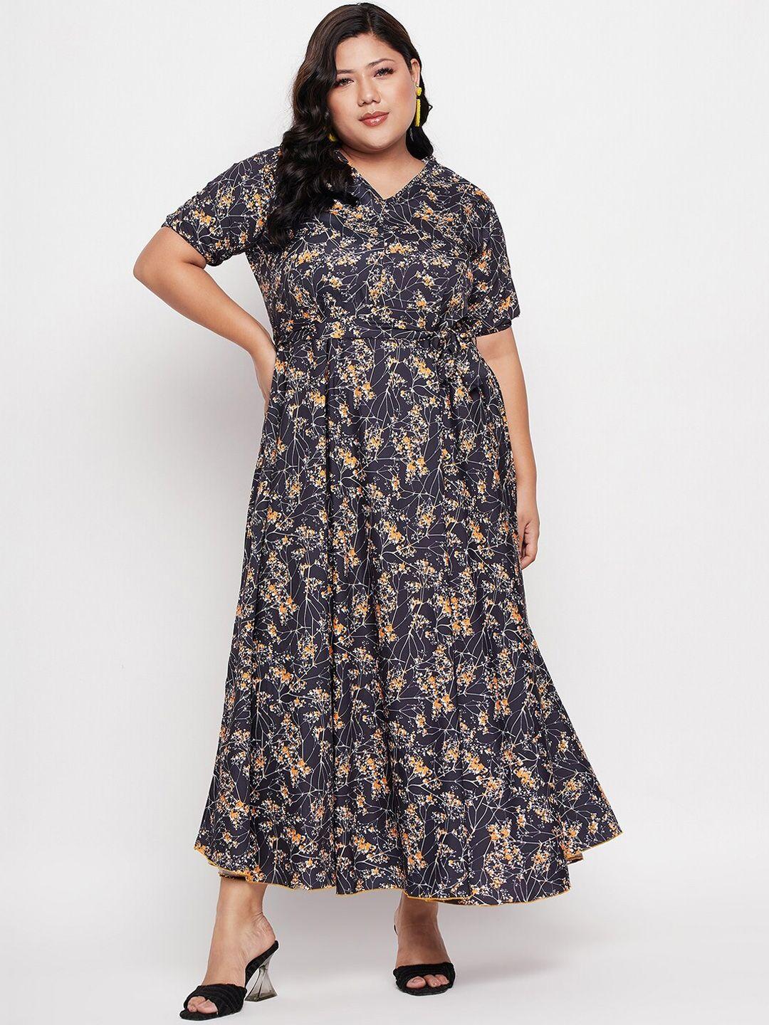 nabia plus size floral printed belted maxi fit & flare ethnic dress