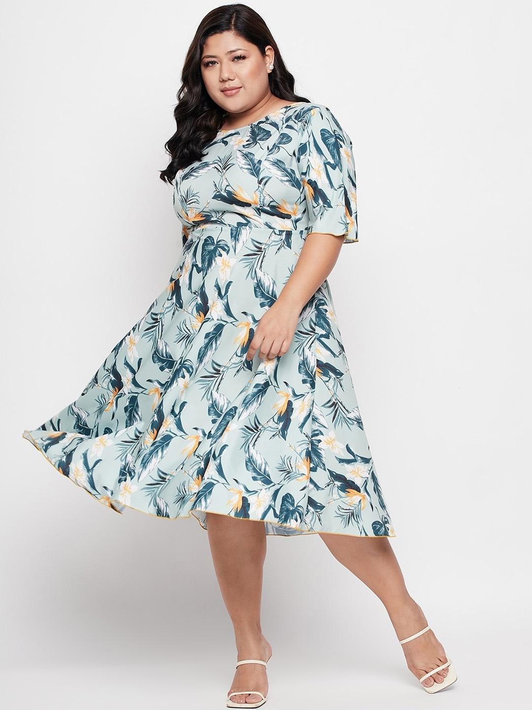nabia plus size floral printed flared sleeves fit & flare midi dress