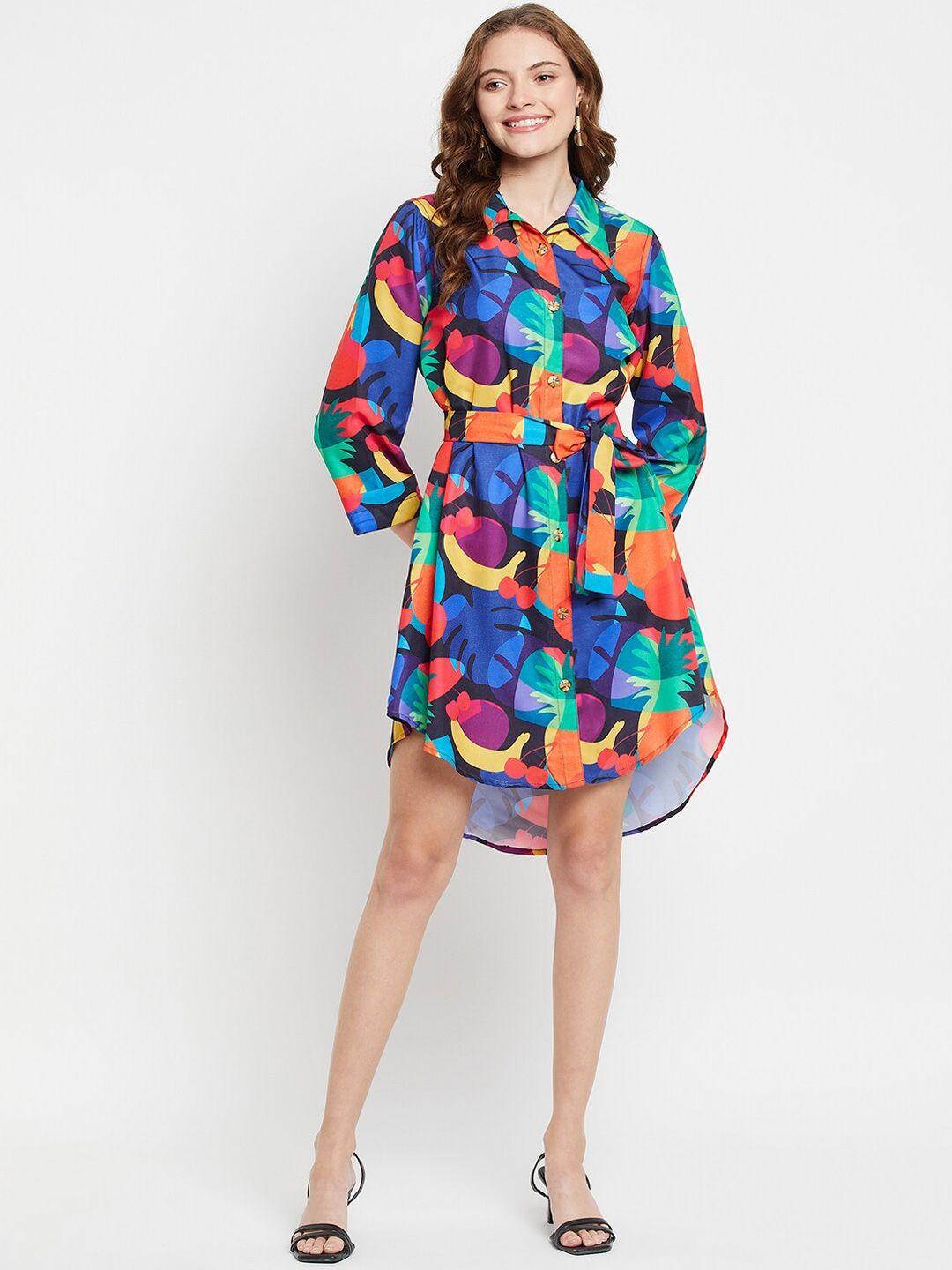 nabia tropical printed shirt collar tie up shirt dress