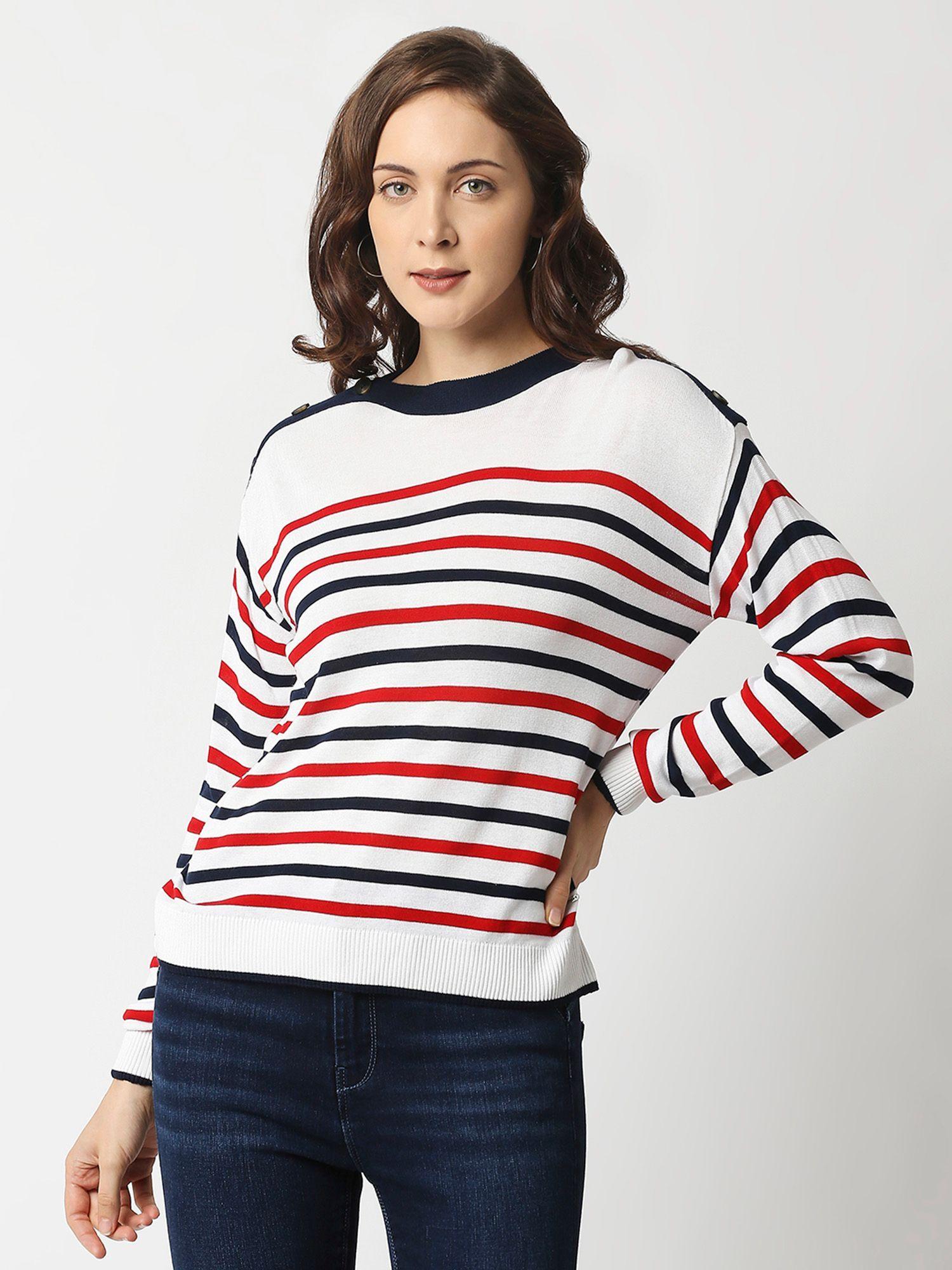 nadine striped sweater with button detail on shoulder