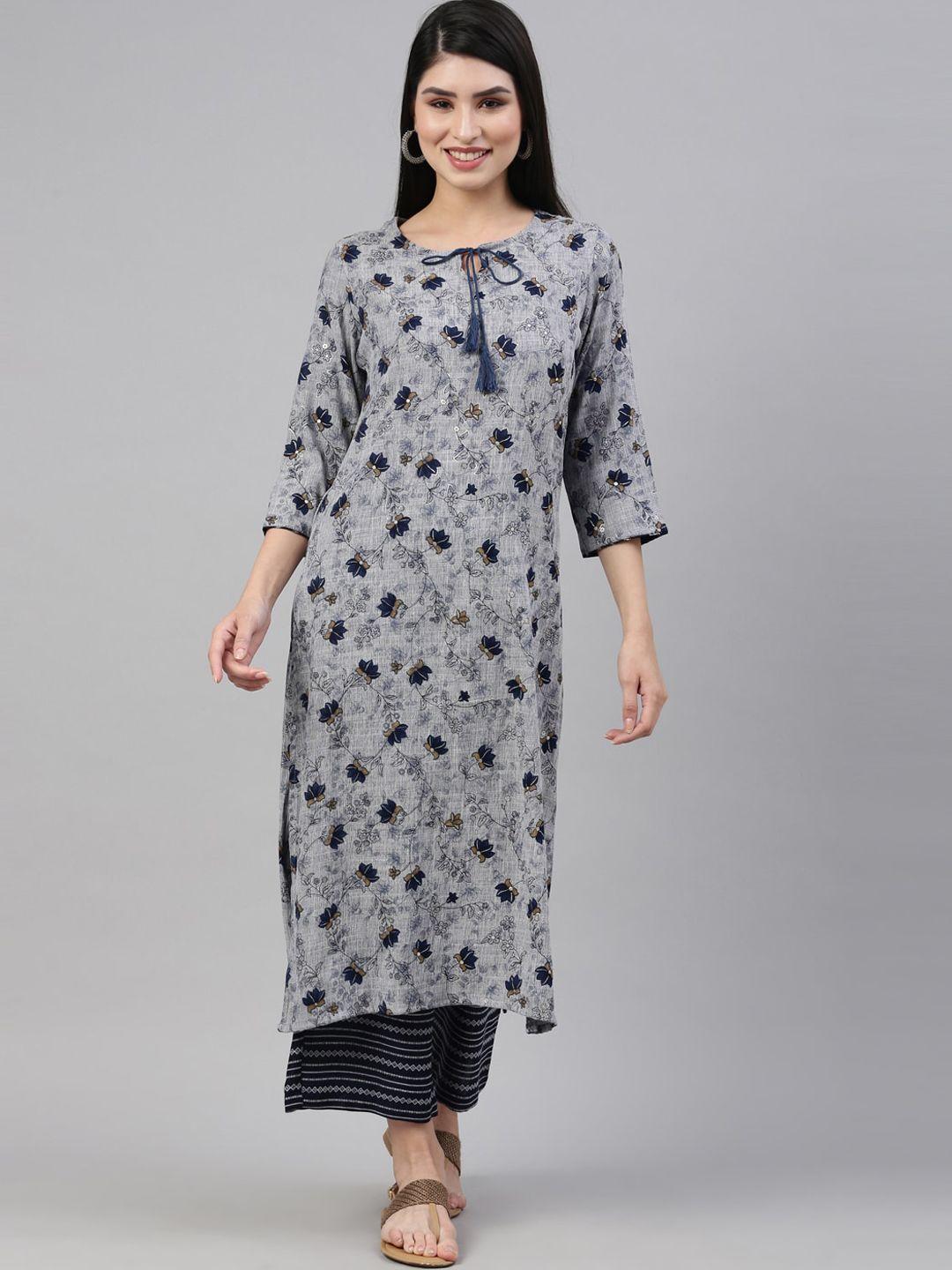 nahara women blue floral printed kurta with trousers