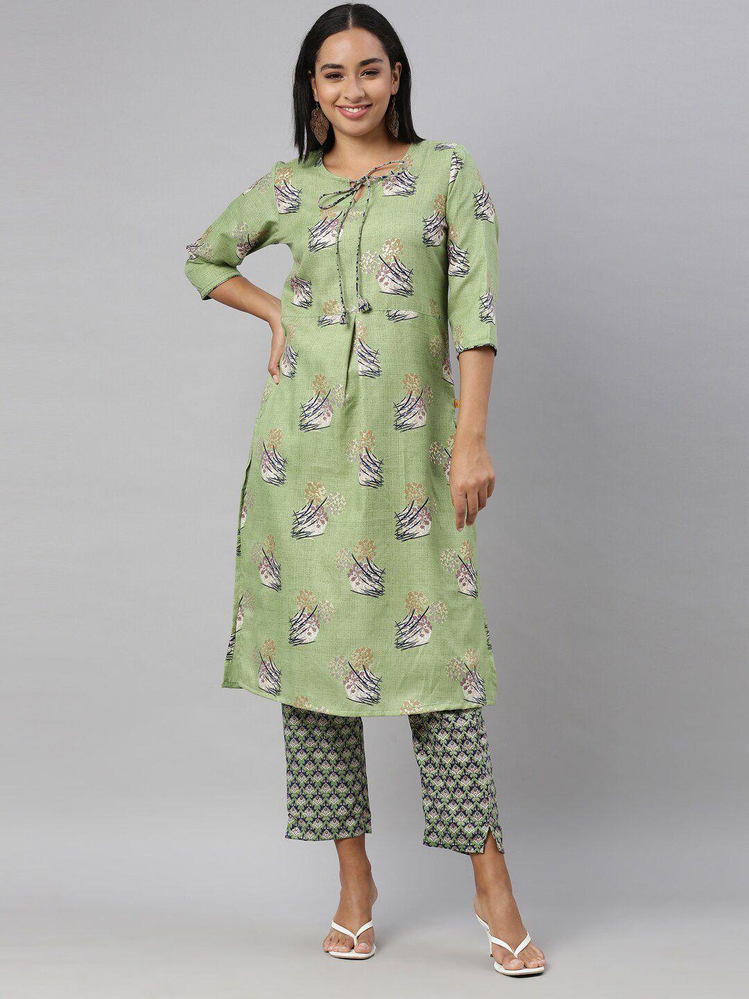 nahara women green floral embroidered panelled kurti with trousers