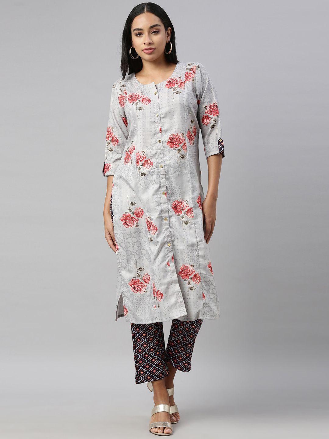 nahara women grey floral printed kurti with trousers & with dupatta