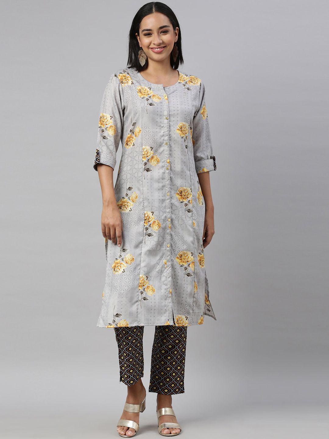 nahara women grey floral printed panelled kurta with trousers