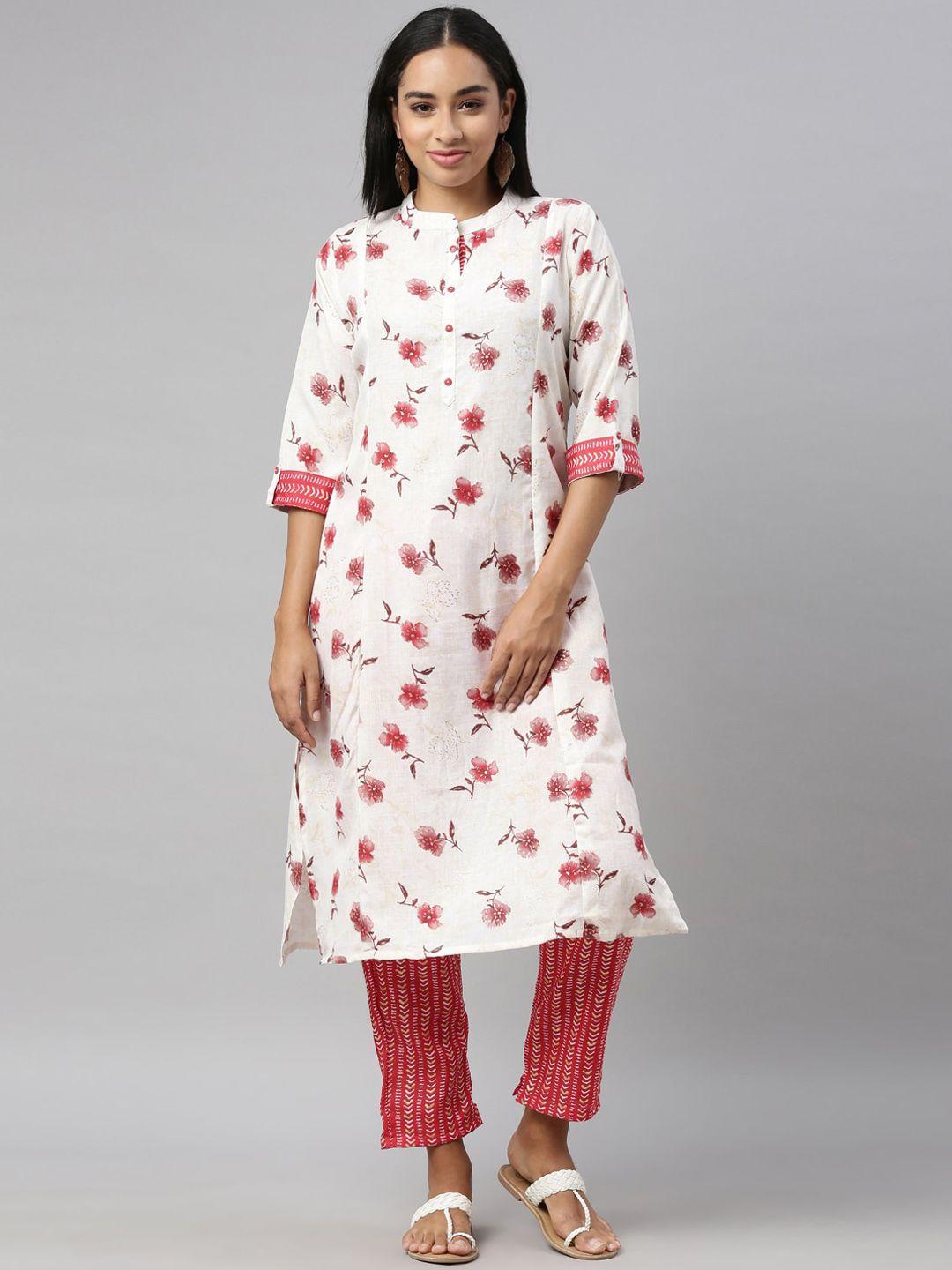 nahara women pink floral printed panelled kurti with trousers