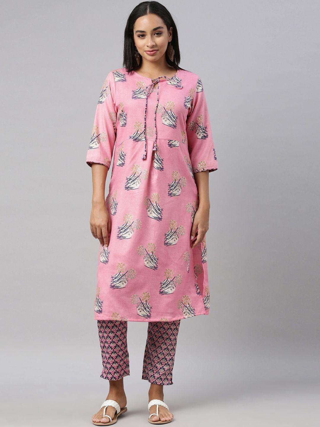 nahara women pink floral printed panelled kurti with trousers