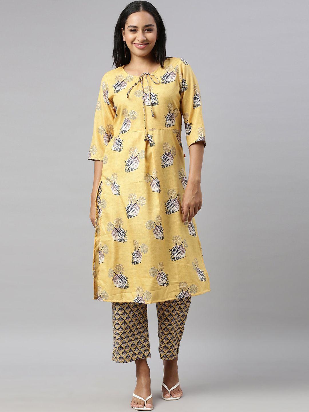 nahara women yellow floral printed layered kurti with trousers