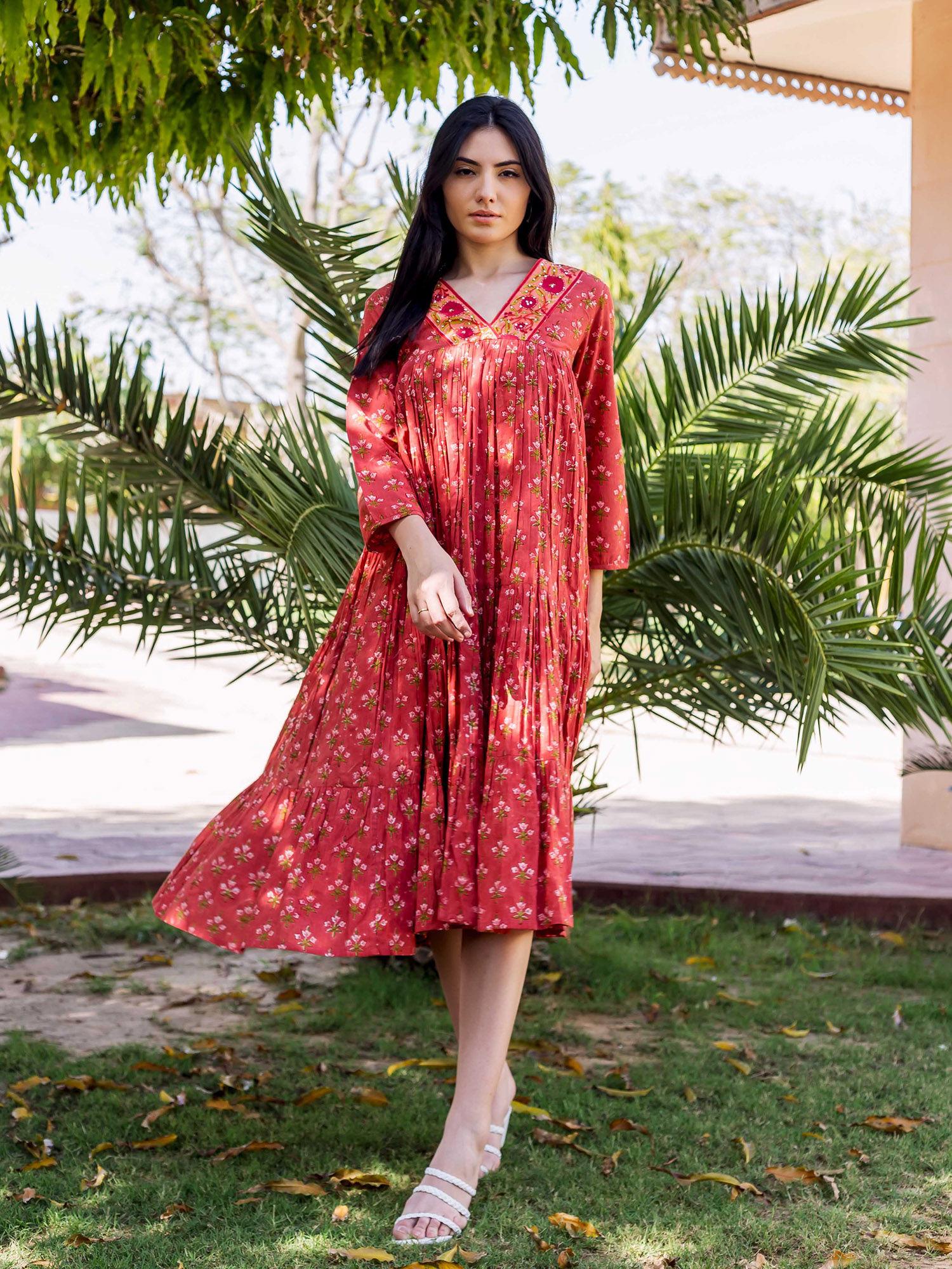 naina block printed tiered dress