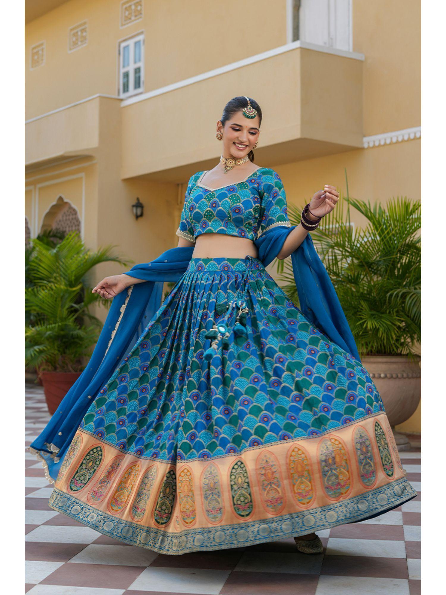 naina blue silk printed lehenga (set of 3)