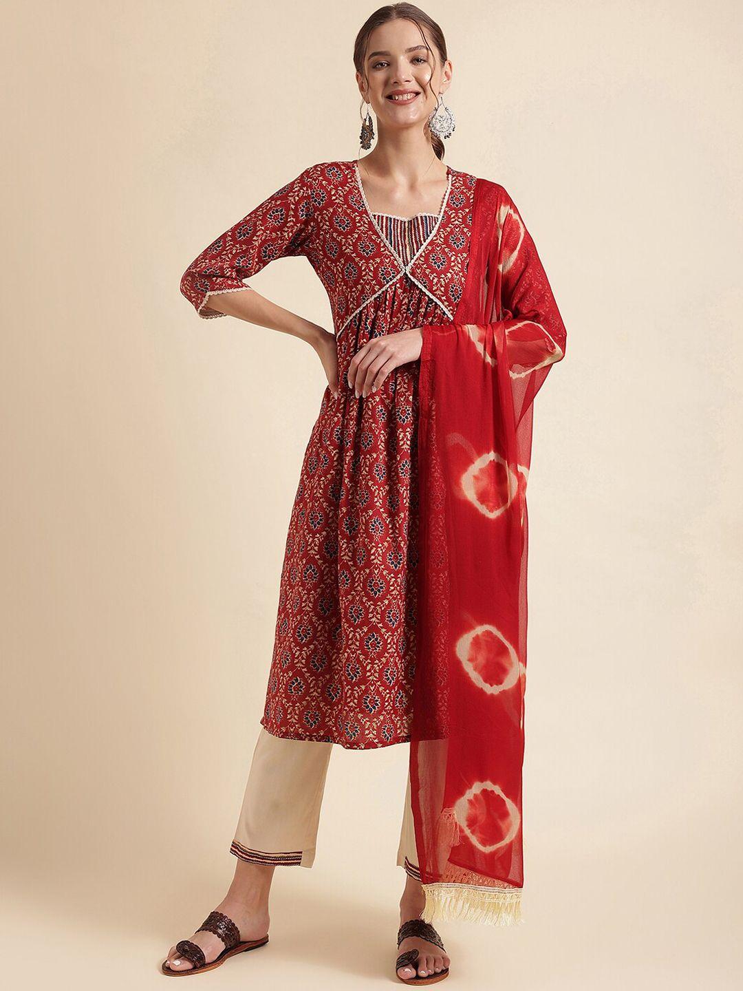 nainvish falu red floral printed regular straight kurta with trousers & dupatta