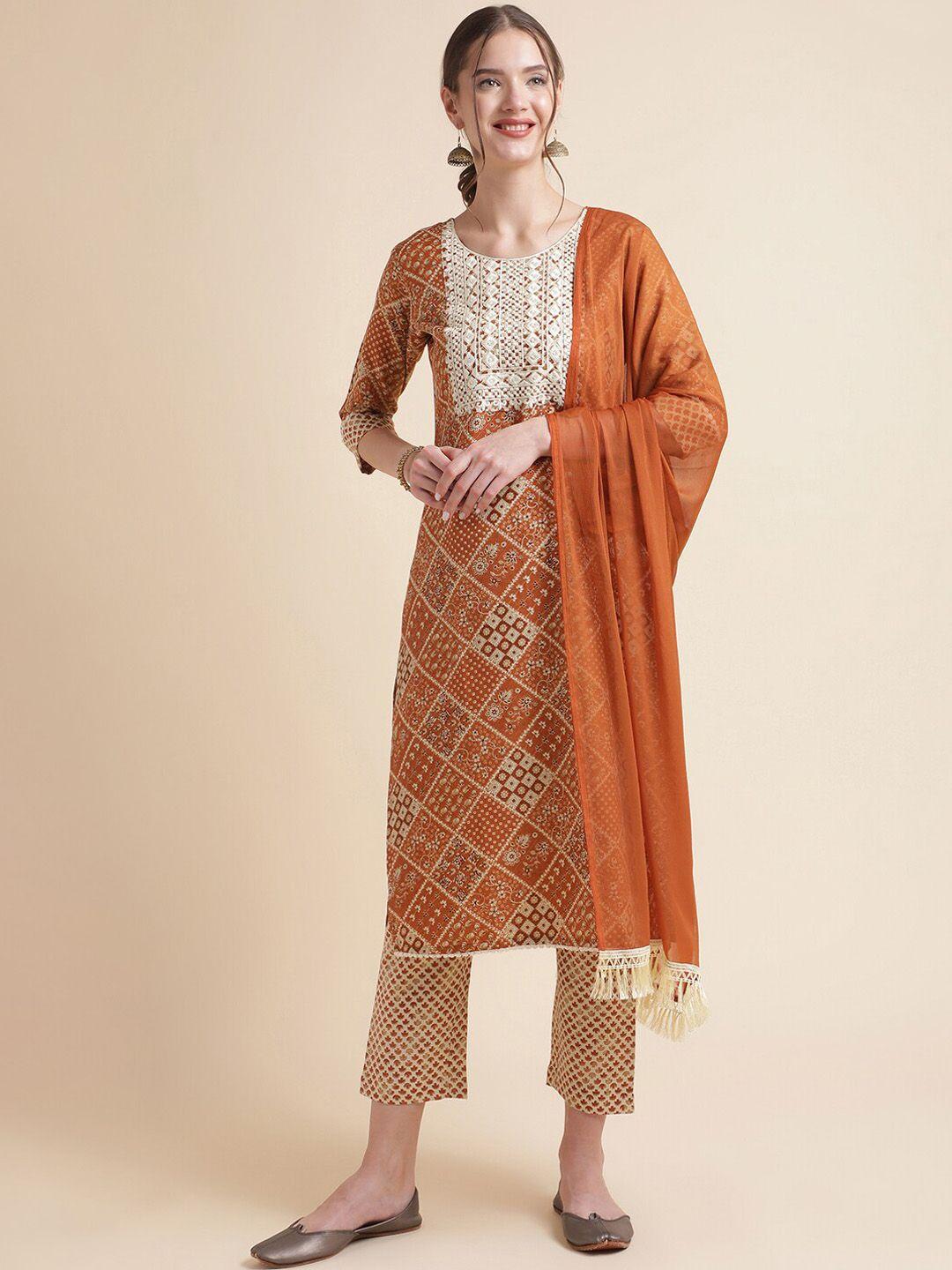 nainvish embroidered round-neck straight kurta & trouser with dupatta