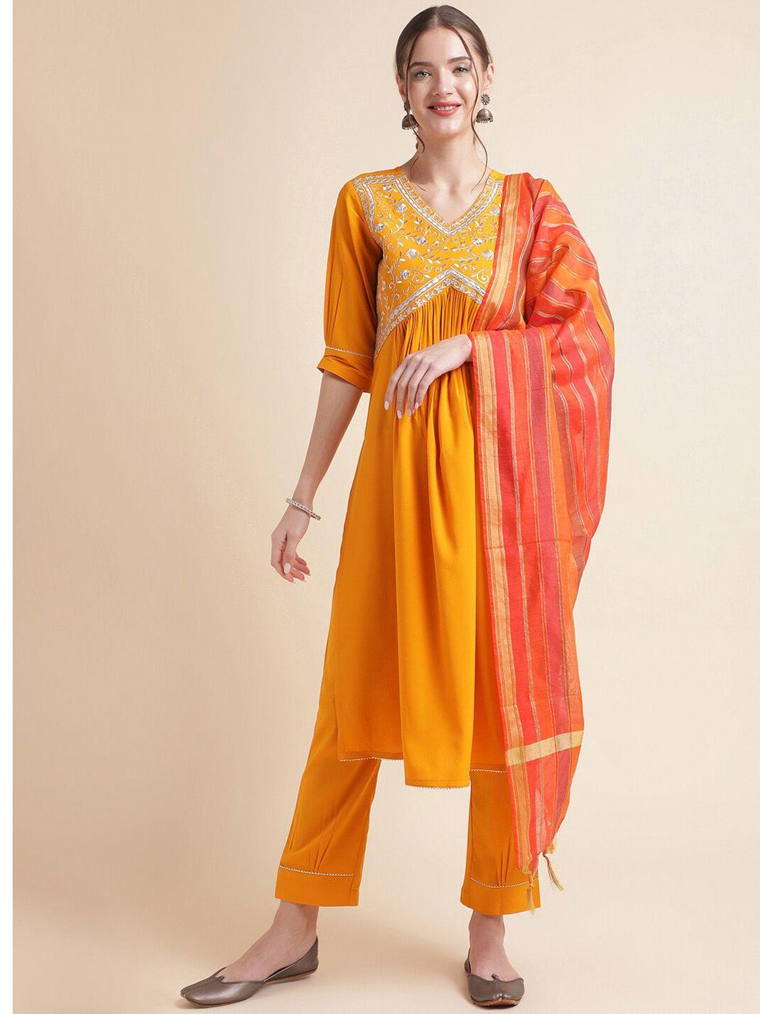 nainvish embroidered thread work straight kurta with trousers & dupatta with tassels