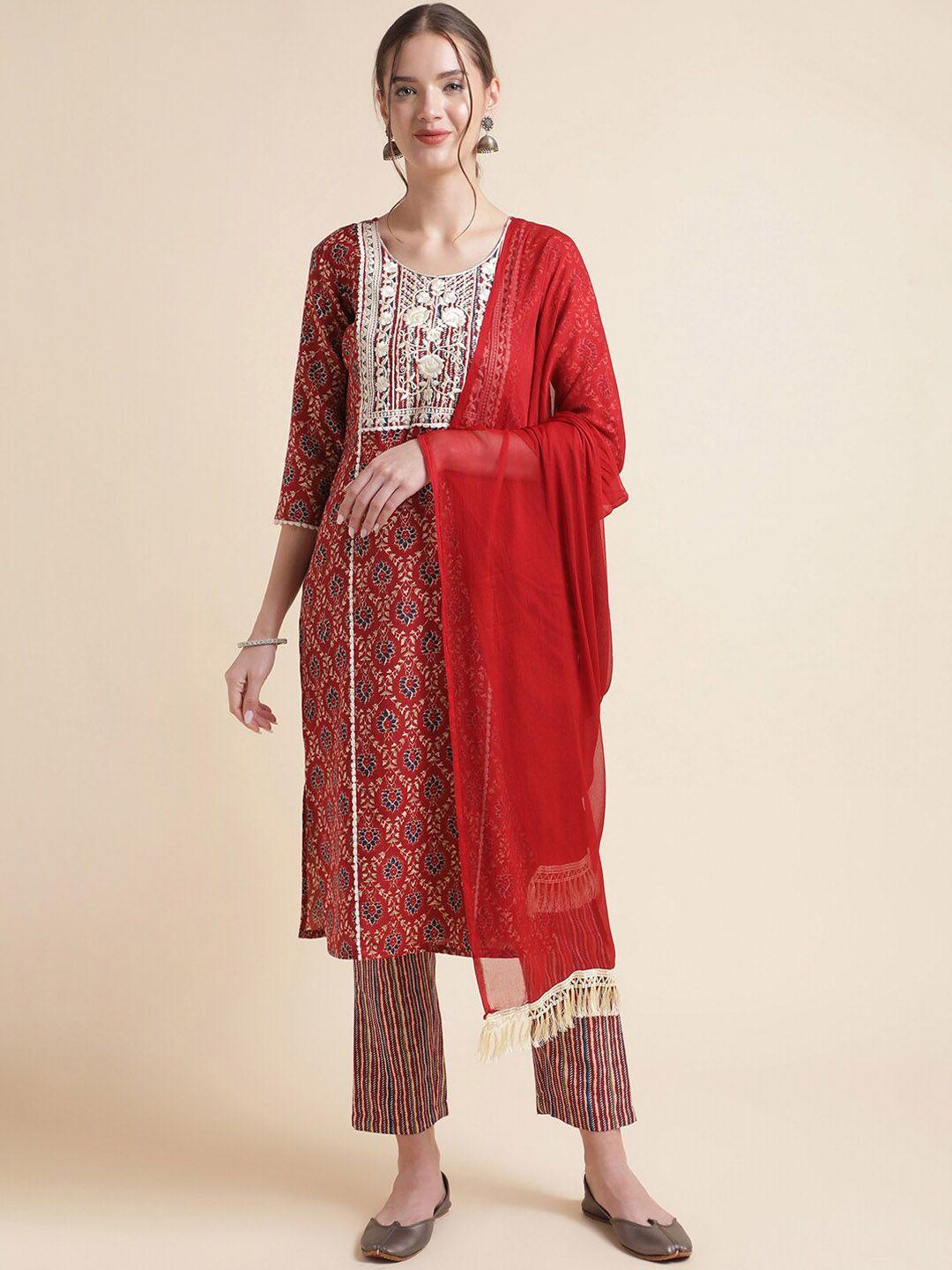 nainvish embroidered thread work straight kurta with trousers & dupatta with tassels