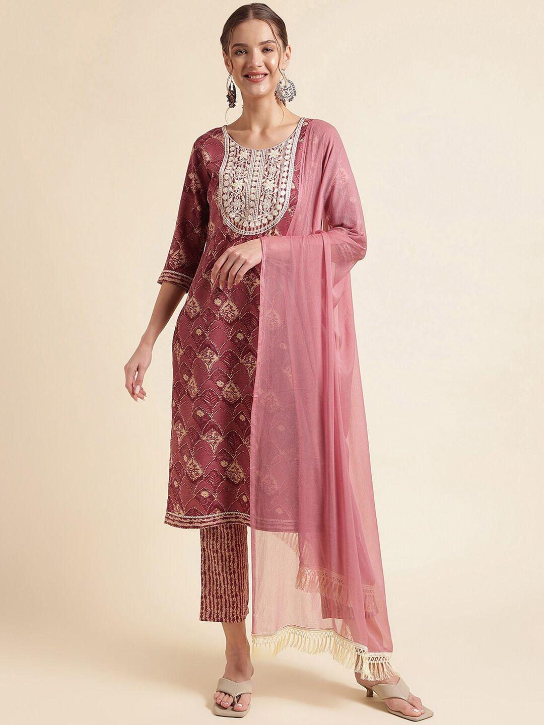 nainvish ethnic floral embroidered round neck straight kurta with trousers & dupatta