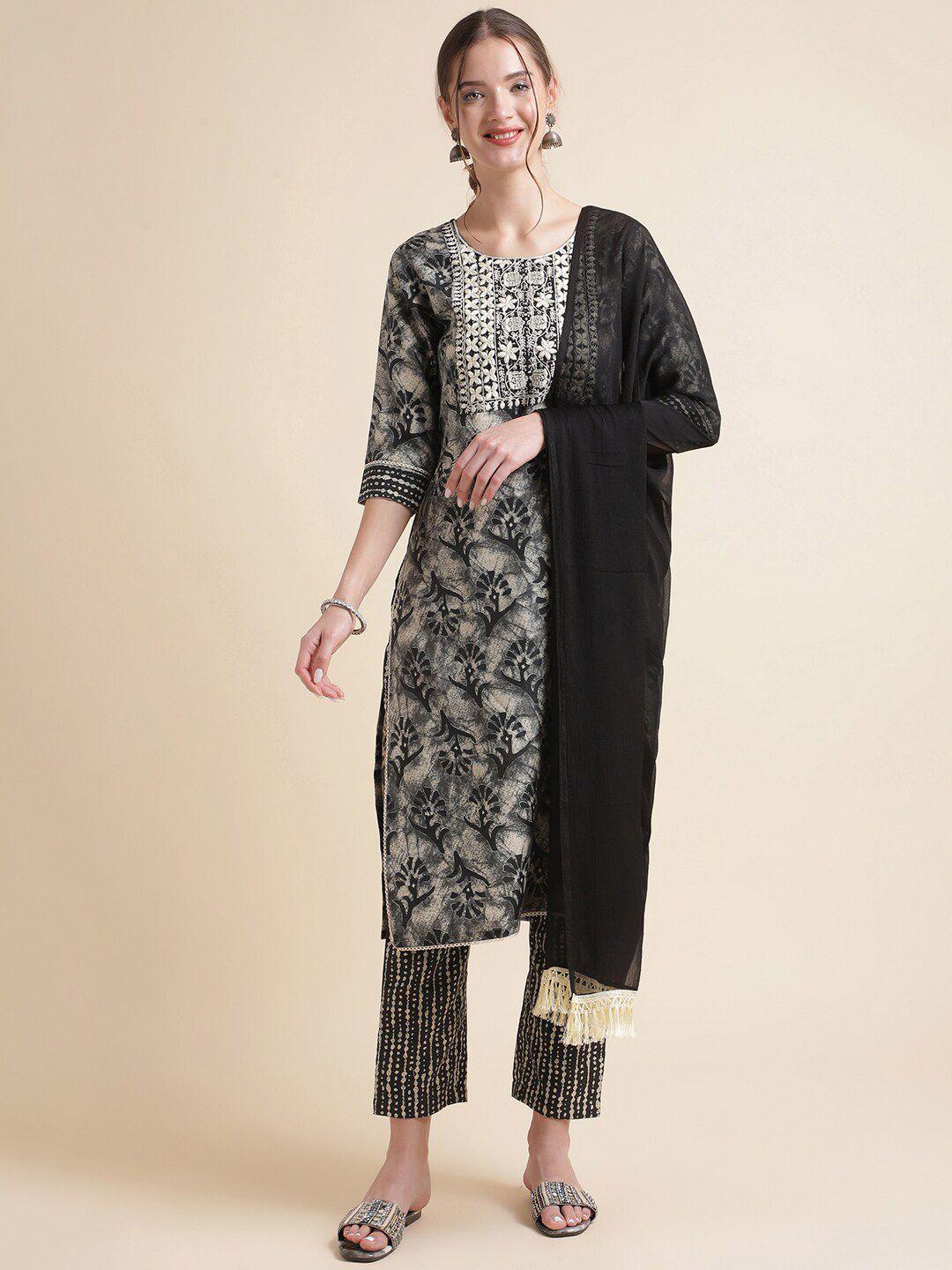 nainvish ethnic floral embroidered round neck straight kurta with trousers & dupatta