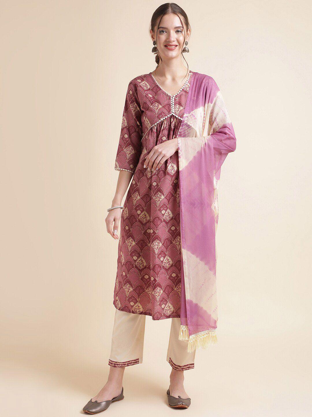 nainvish ethnic motifs printed  thread work v-neck straight kurta with trousers & dupatta