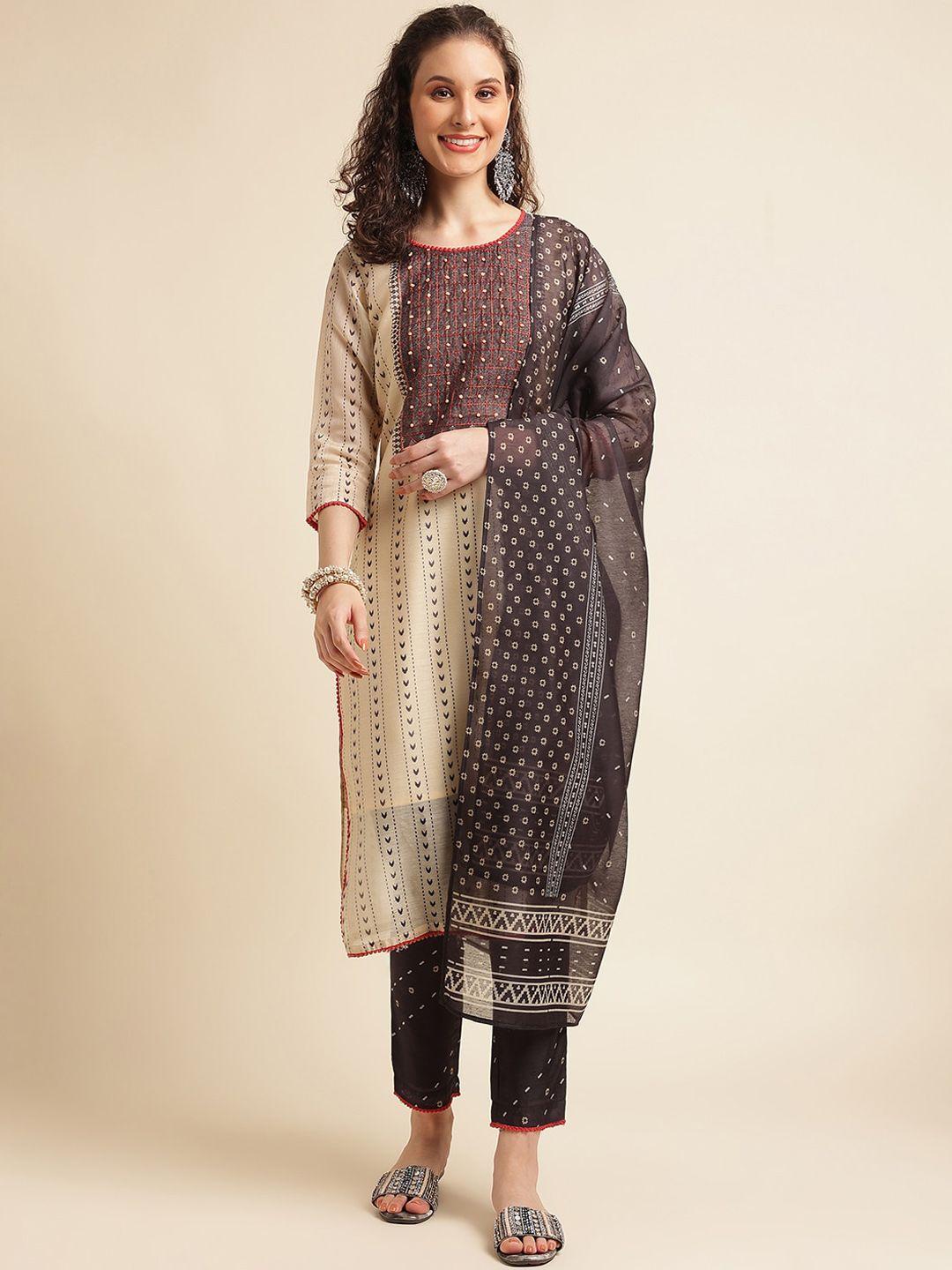 nainvish ethnic motifs printed thread work cotton silk kurta with trousers & dupatta