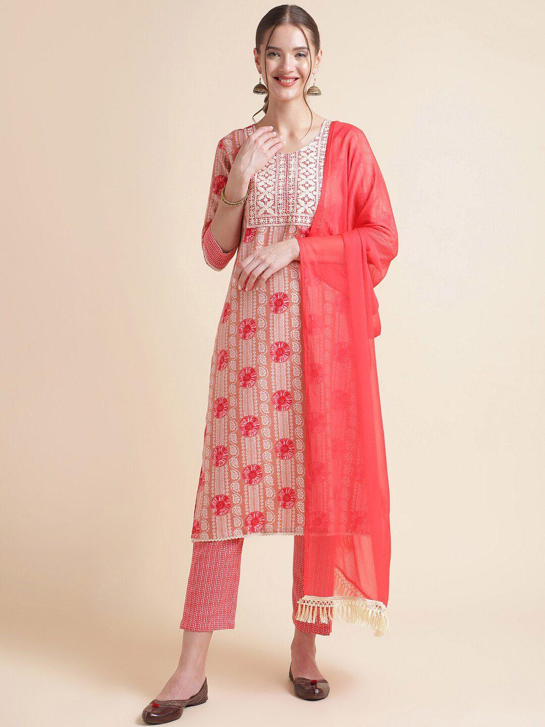 nainvish floral embroidered thread work round neck straight kurta with trousers & dupatta