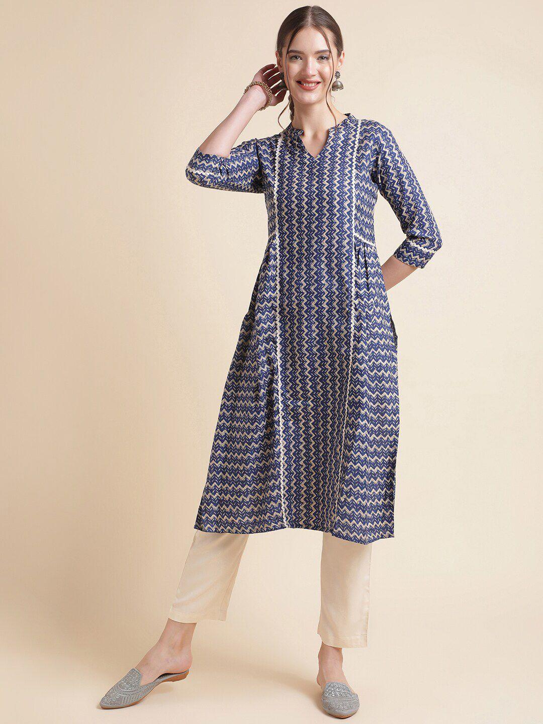 nainvish geometric printed band collar straight kurta