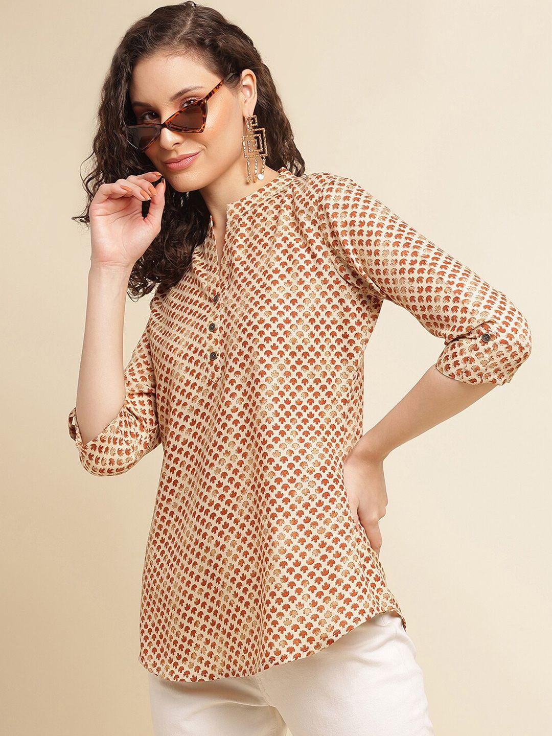 nainvish geometric printed mandarin collar shirt style top